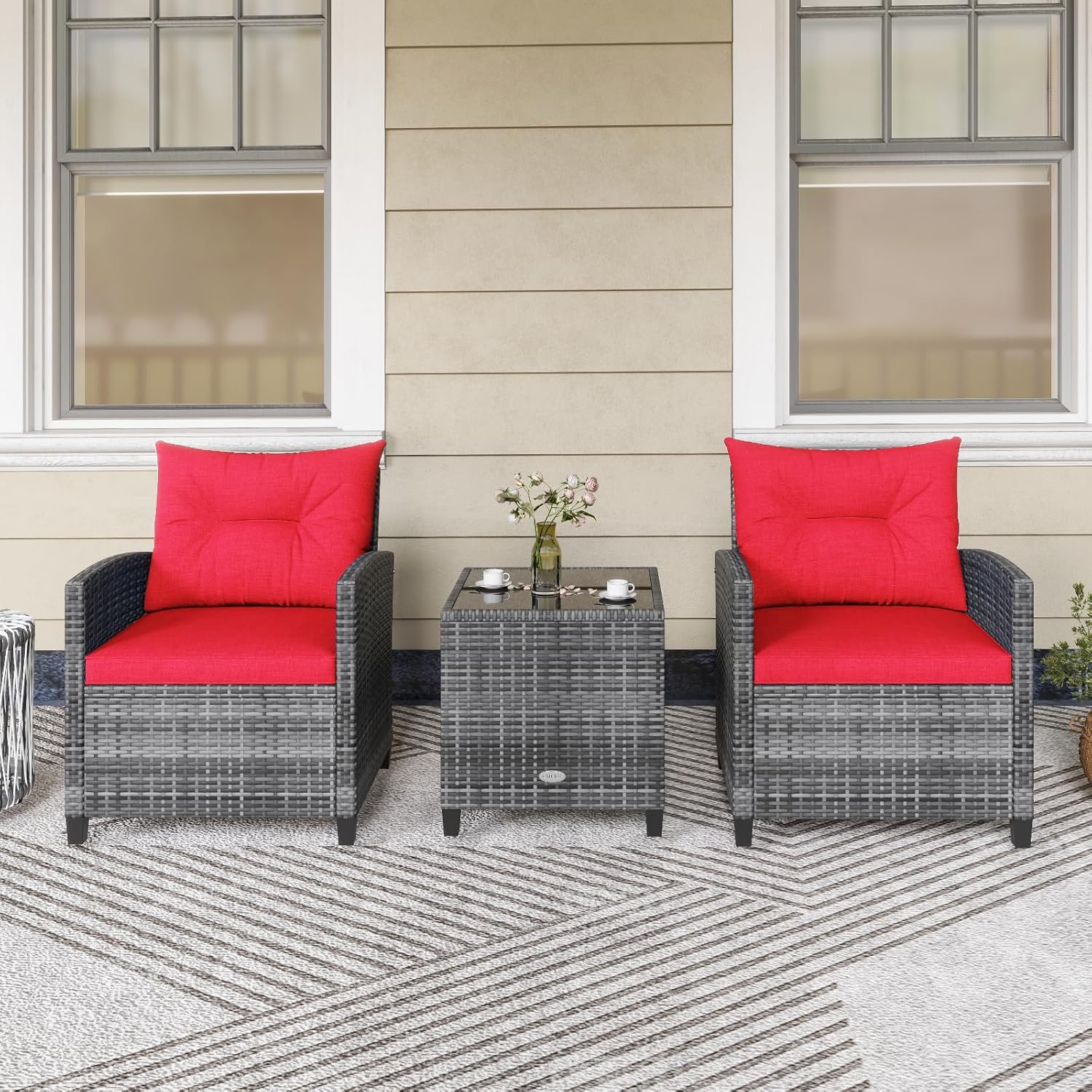 KOTEK 3 Piece Patio Furniture Set, Outdoor PE Rattan Conversation Set with Washable Cushions & Tempered Glass Tabletop, Wicker Chairs and Table Set for Porch, Garden, Balcony (Red)