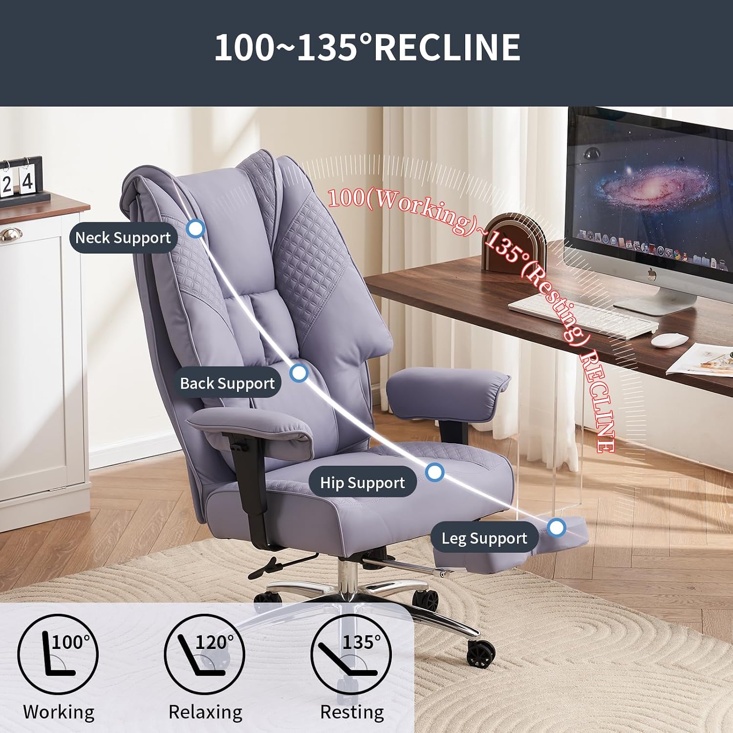 EXCEBET Big and Tall Office Chair 400lbs Wide Seat, Leather High Back Executive Office Chair with Foot Rest, Ergonomic Chairs Lumbar Support for Lower Back Pain Relief (Light Purple)