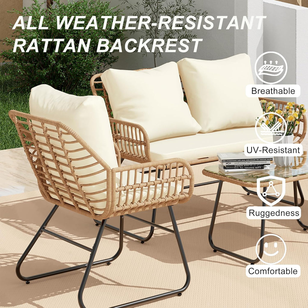 LEX CRAFT 4-Piece Outdoor Patio Furniture Set with Cushions & Tempered Glass Table, All-Weather Rattan Bistro Set with Loveseat Chairs Table Soft Cushions for Garden, Porch, Backyard (Yellow)