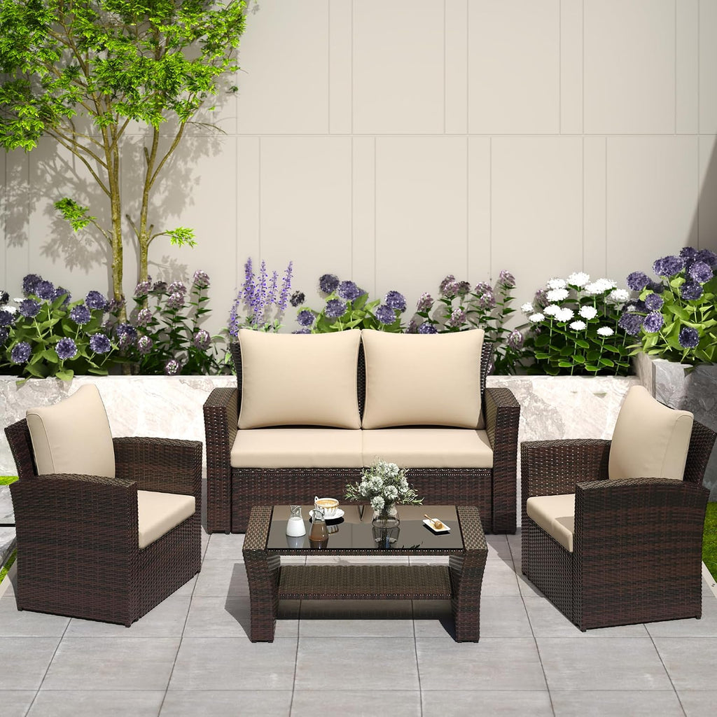 Solaste 4 Piece Patio Outdoor Furniture Sets,Patio Conversation Sofa Wicker Chair with Cushion,Hand Woven Rattan Sofa for Porch Backyard Outside Garden Lawn Yard,Brown