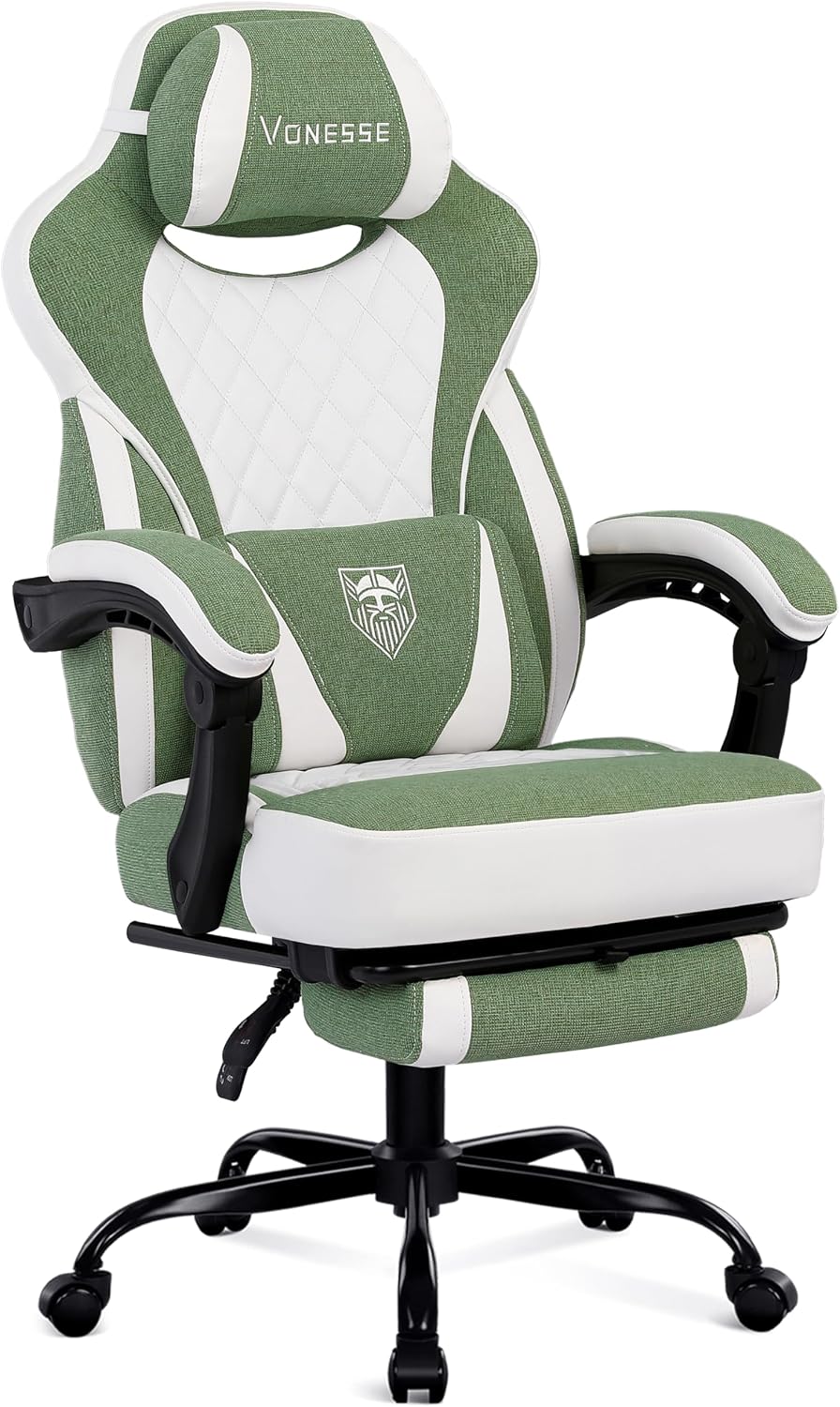 Vonesse Gaming Chair, Reclining Fabric Gaming Chairs for Adults 250LBS, Office Chair with Pocket Spring Cushion, Computer Chair with Footrest and Massage Lumbar Support (Green)