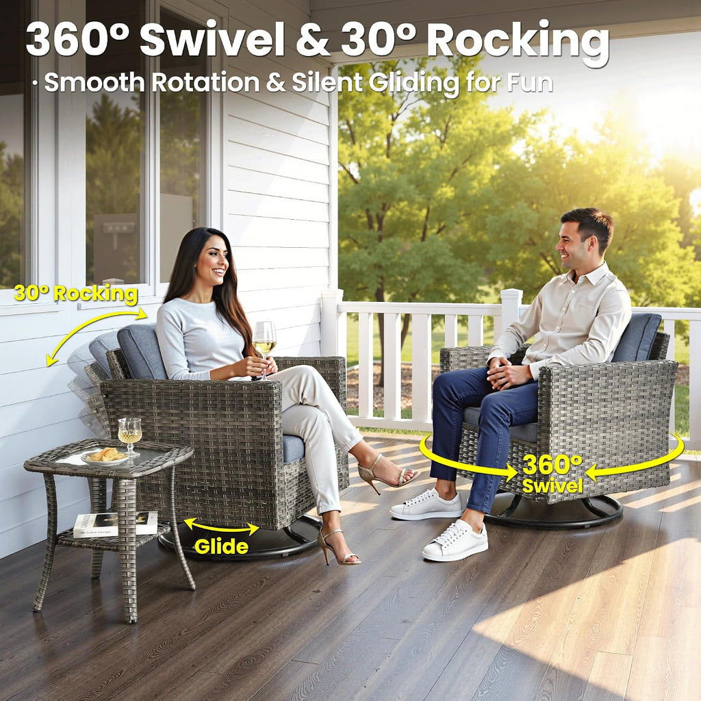 ovios 6 Pieces Patio Furniture Set, Outdoor Wicker Sofa Couch with Swivel Chairs, Rocking Glider Rocker with Comfy Cushions All Weather Rattan Conversation Set, Denim Blue