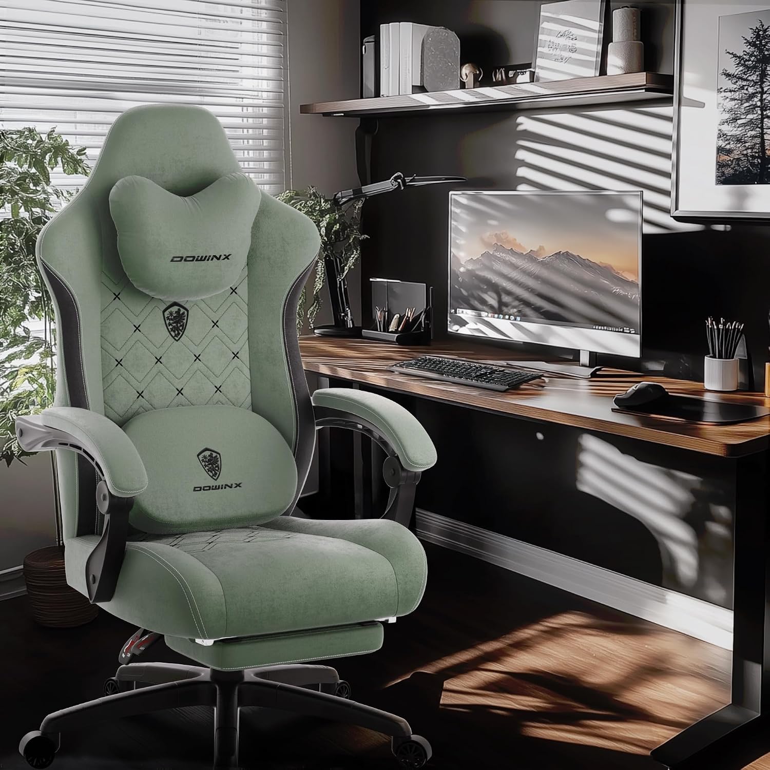 Dowinx Gaming Chair with Heated Massage Lumbar Support,Big and Tall Fabric Gaming Chairs for Adults with Footrest, Ergonomic Computer Game Chair with Poket Spring Cushions, 350lbs, Green