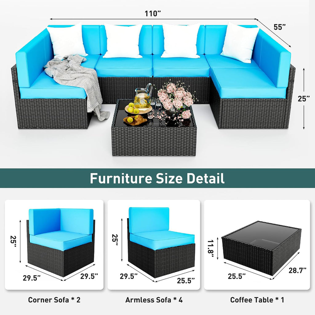 Pamapic Patio Furniture Set, 7 Pieces Modular Outdoor Sectional, Patio Sectional Sofa Conversation Set, Rattan Sofa with Coffee Table and Washable Cushions Covers, Black Rattan and Blue Cushions