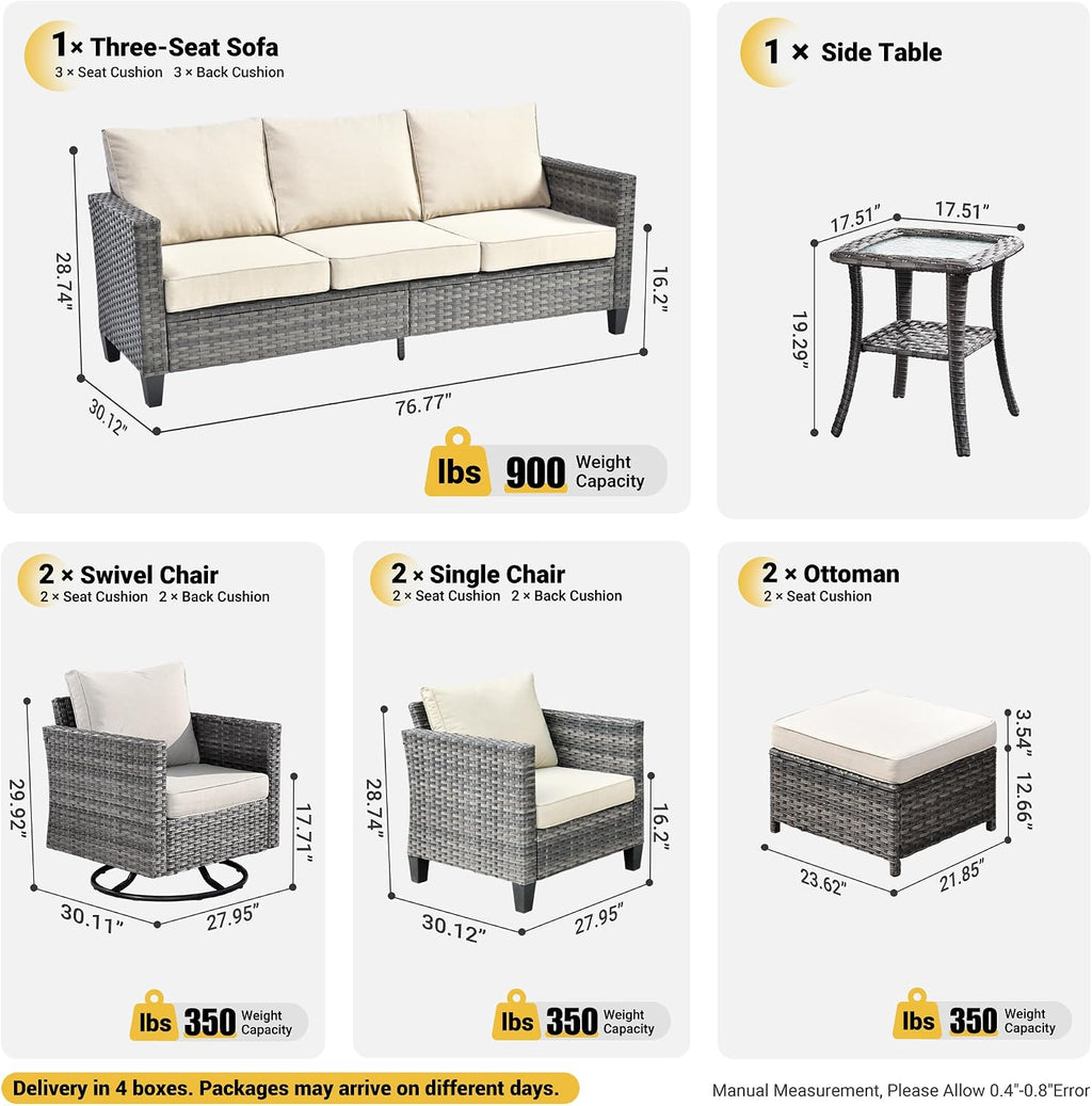 ovios 8 Pieces Patio Furniture Set, Outdoor Wicker Sofa Couch with Swivel Chairs, Rocking Glider Rocker with Comfy Cushions All Weather Rattan Conversation Set, Beige