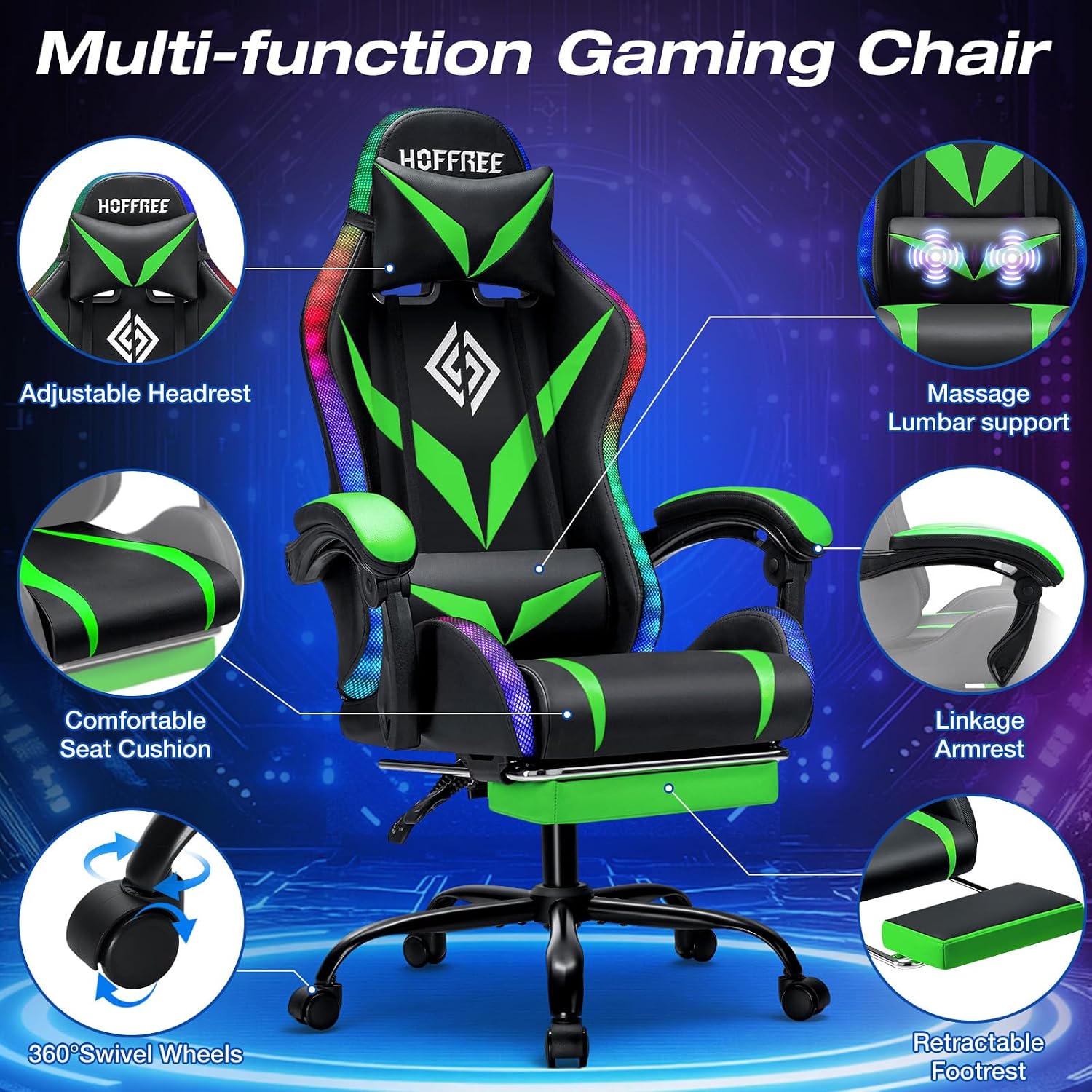 RGB Gaming Chair with LED Lights and Massage Ergonomic Computer Chair with Footrest High Back Video Game Chair with Adjustable Lumbar Support Linkage Armrest Green and Black