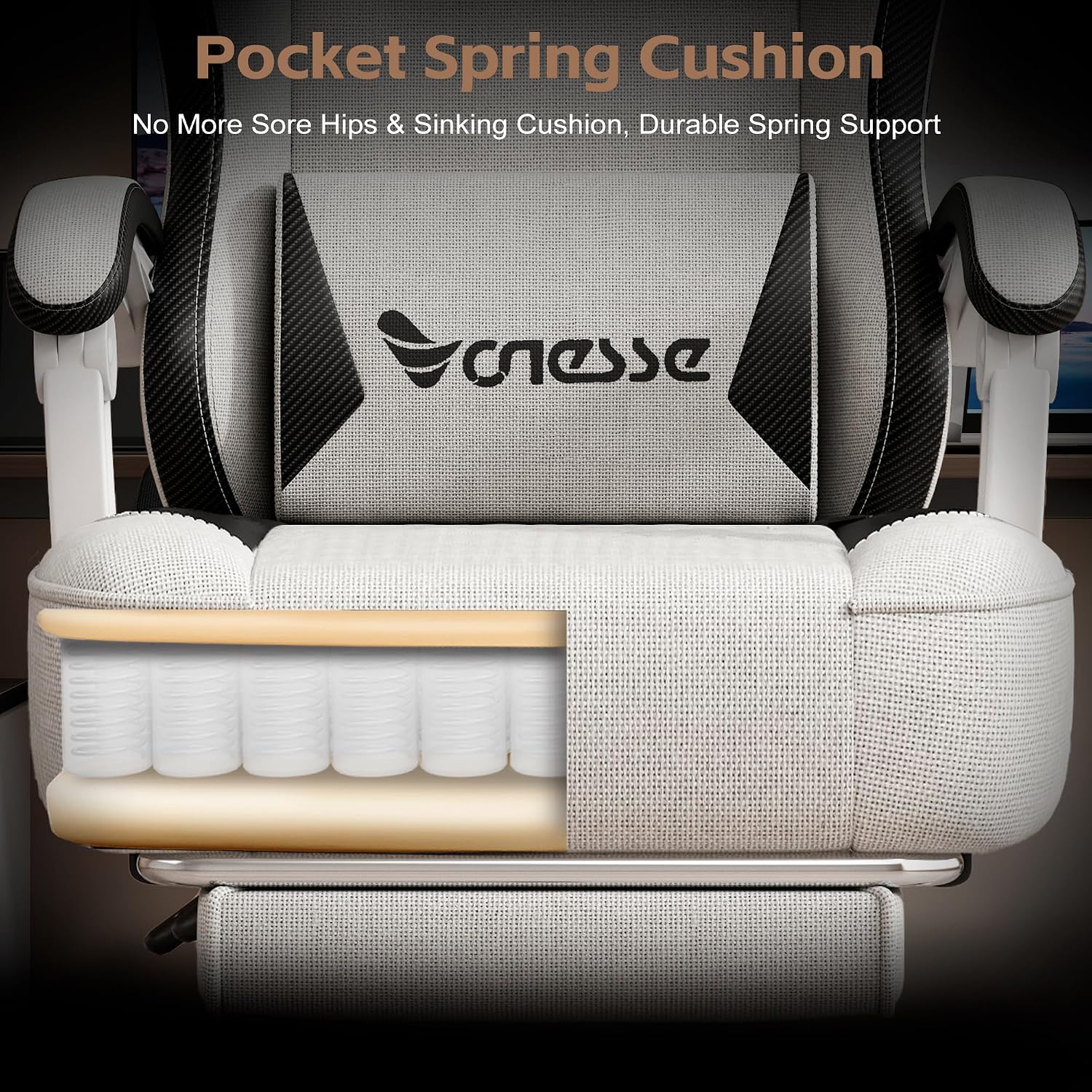 Vonesse Office Chair, Gaming Chair with Linen Breathable Mesh Fabric, Desk Chair with Adjustable Lumbar Support, Executive Computer Chairs with Footrest and Headrest (Beige White)