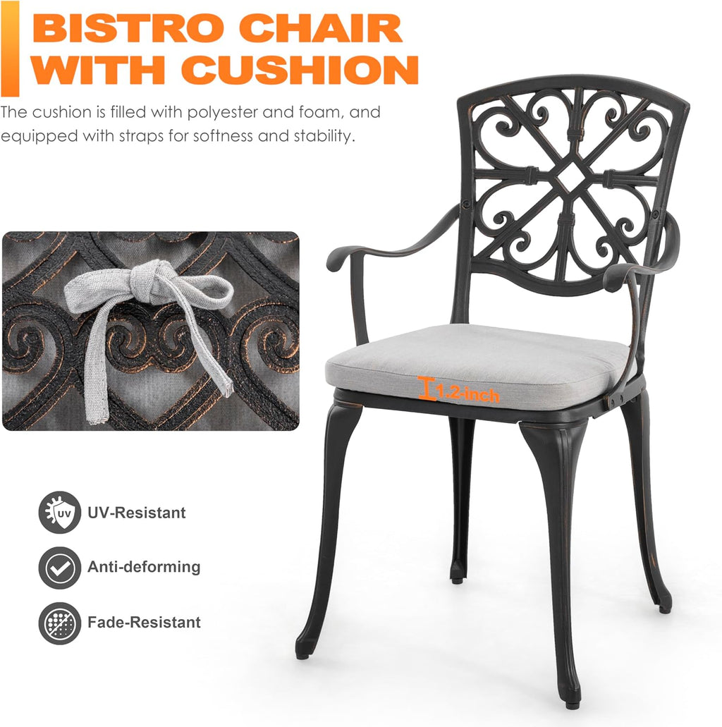 NUU GARDEN Bistro Set 3 Piece Outdoor All Weather Cast Aluminum Patio Bistro Set Patio Table and Chairs Set of 2 with Umbrella Hole and Grey Cushions for Backyard, Balcony, Lawn, Black