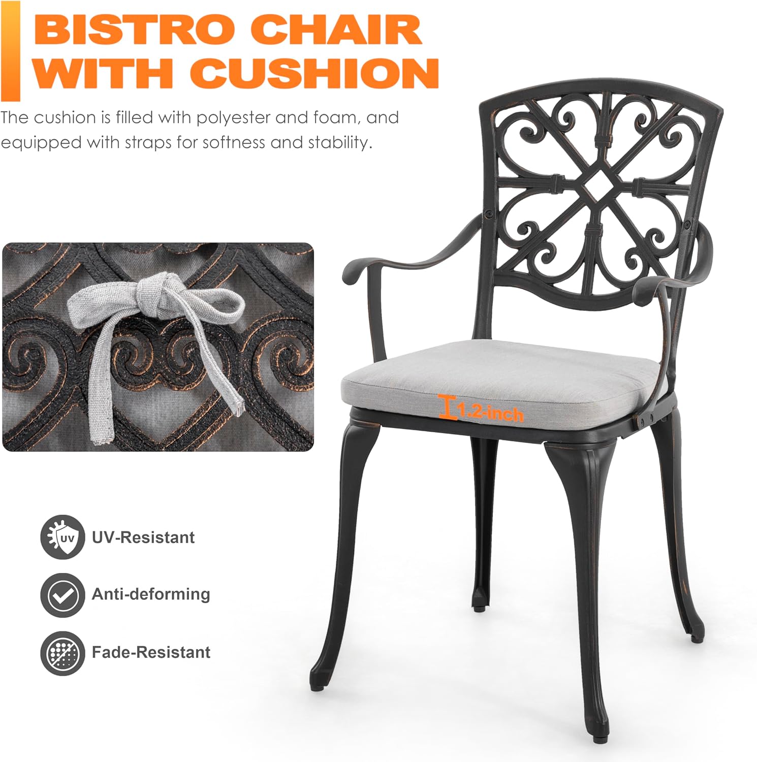 NUU GARDEN Bistro Set 3 Piece Outdoor All Weather Cast Aluminum Patio Bistro Set Patio Table and Chairs Set of 2 with Umbrella Hole and Grey Cushions for Backyard, Balcony, Lawn, Black