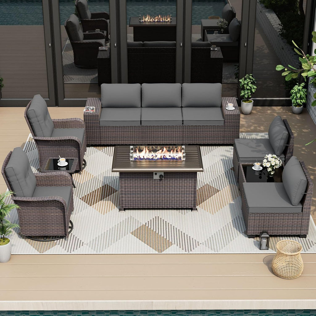 ALAULM 10 Pieces Outdoor Patio Furniture Set with 2 Swivel Chairs Outdoor Furniture Patio Sectional Sofas with 55000 Gas Fire Pit Patio Conversation Set w/7 Cushions-Grey