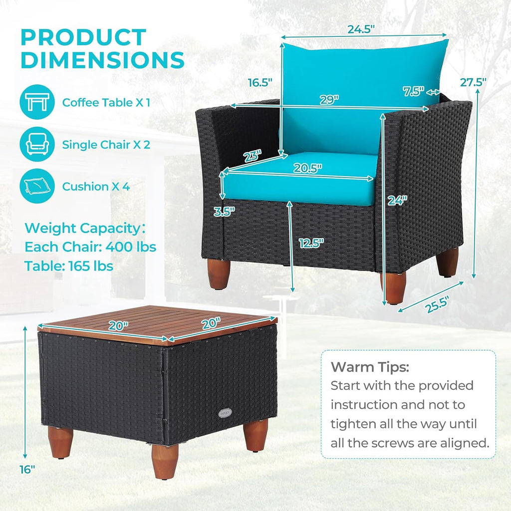 ORALNER 3 Pieces Patio Furniture Set, Outdoor Wicker Conversation Chairs with Cushion, Acacia Coffee Table, Rattan Bistro Set for Balcony Garden Backyard Front Porch Poolside (Turquoise)