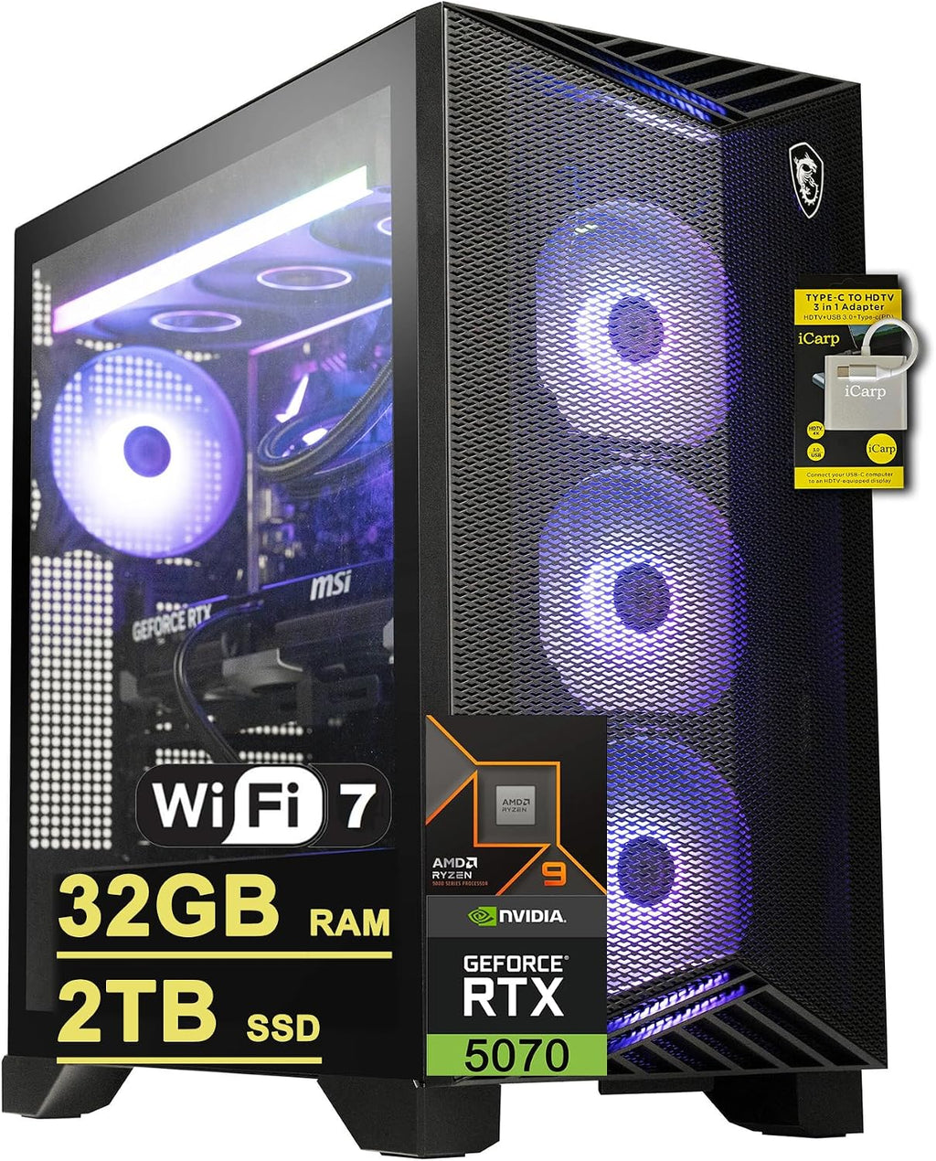 msi Aegis ZS2 Gaming Desktop AMD 12-core Zen 5 Ryzen 9 9900X (Beats i9-14900HX) 32GB RAM 2TB SSD GeForce RTX 5070 DLSS 4 360mm Liquid Cooler 750W 80+ Gold PSU Support HDD Win11 w/ICP Hub