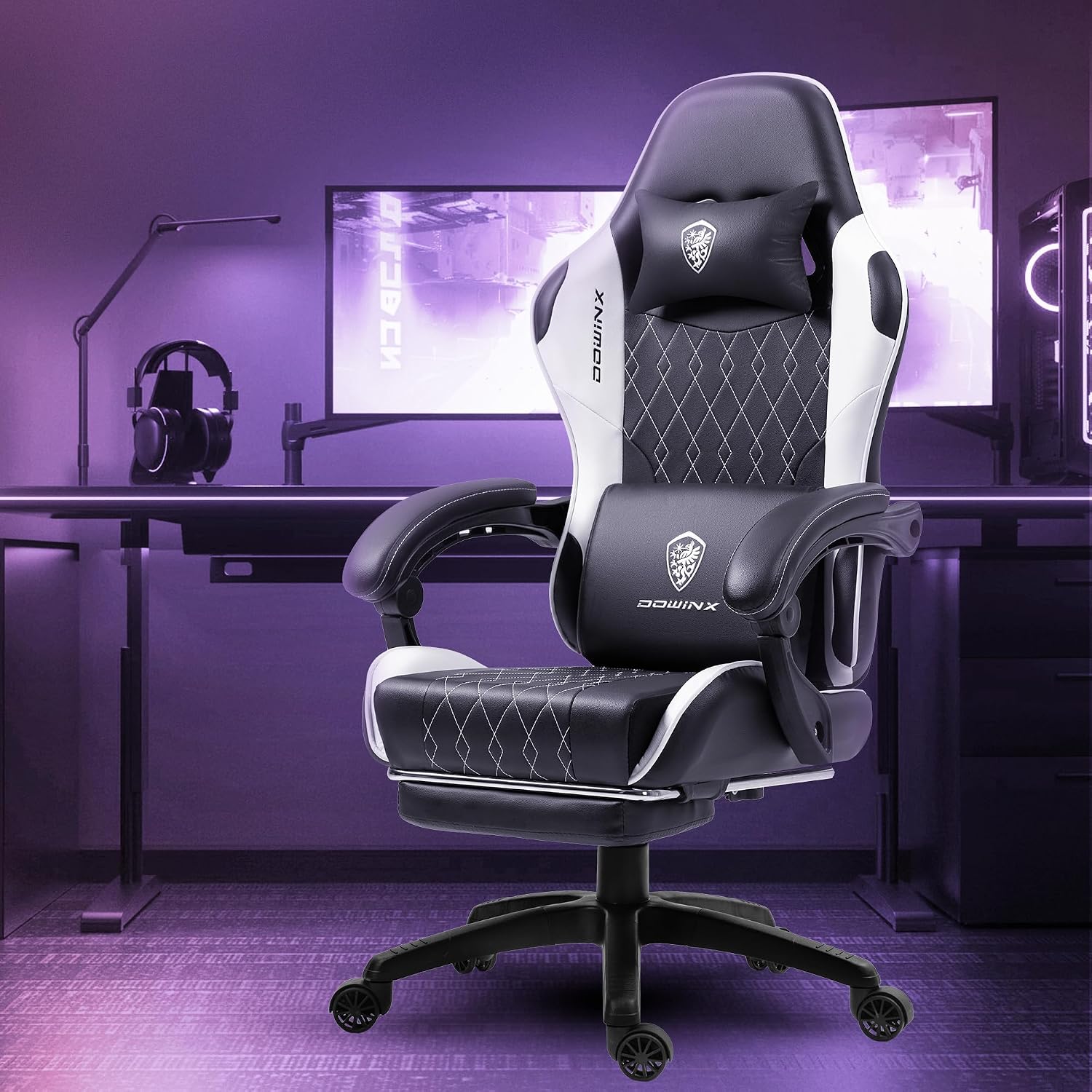 Dowinx Gaming Chair with Massage Lumbar Support and Footrest, Gaming Chairs for Adults, Ergonomic Computer Chair High Back with Pocket Spring Cushion, Swivel Recliner with Headrest, Black and White