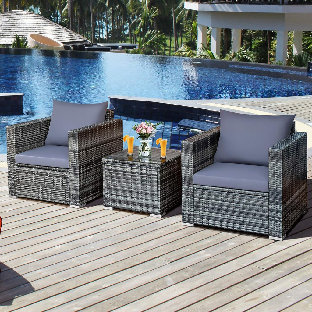 Tangkula 3 Pieces Patio Furniture Set, PE Rattan Wicker Sofa Set w/Washable Cushion and Tempered Glass Tabletop, Outdoor Conversation Furniture for Garden Poolside Balcony