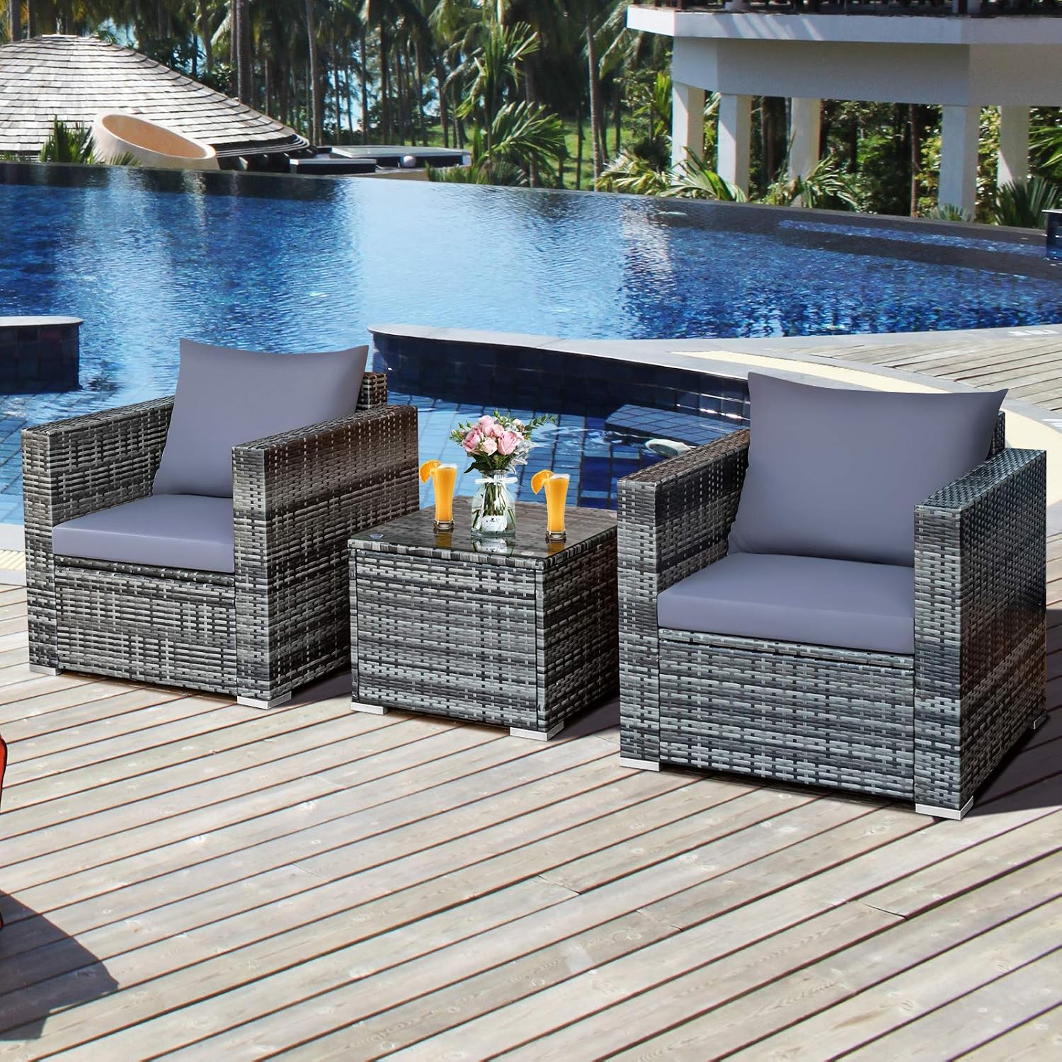 Tangkula 3 Pieces Patio Furniture Set, PE Rattan Wicker Sofa Set w/Washable Cushion and Tempered Glass Tabletop, Outdoor Conversation Furniture for Garden Poolside Balcony
