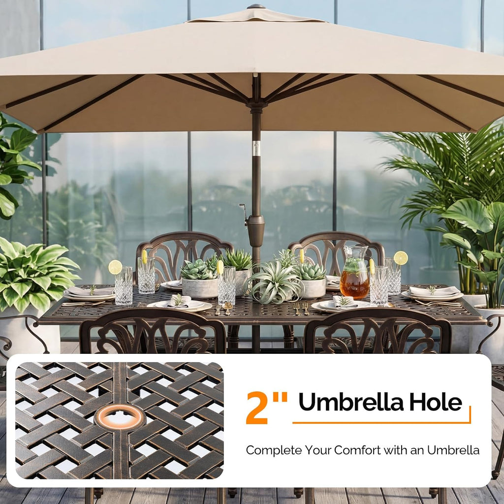 VINGLI 7-Piece Outdoor Dining Set, Cast Aluminum Patio Furniture Set for 6 with Umbrella Hole, Rectangular Outdoor Dining Table & 6 Stackable Chairs, All-Weather Garden/Poolside Dining Set Bronze