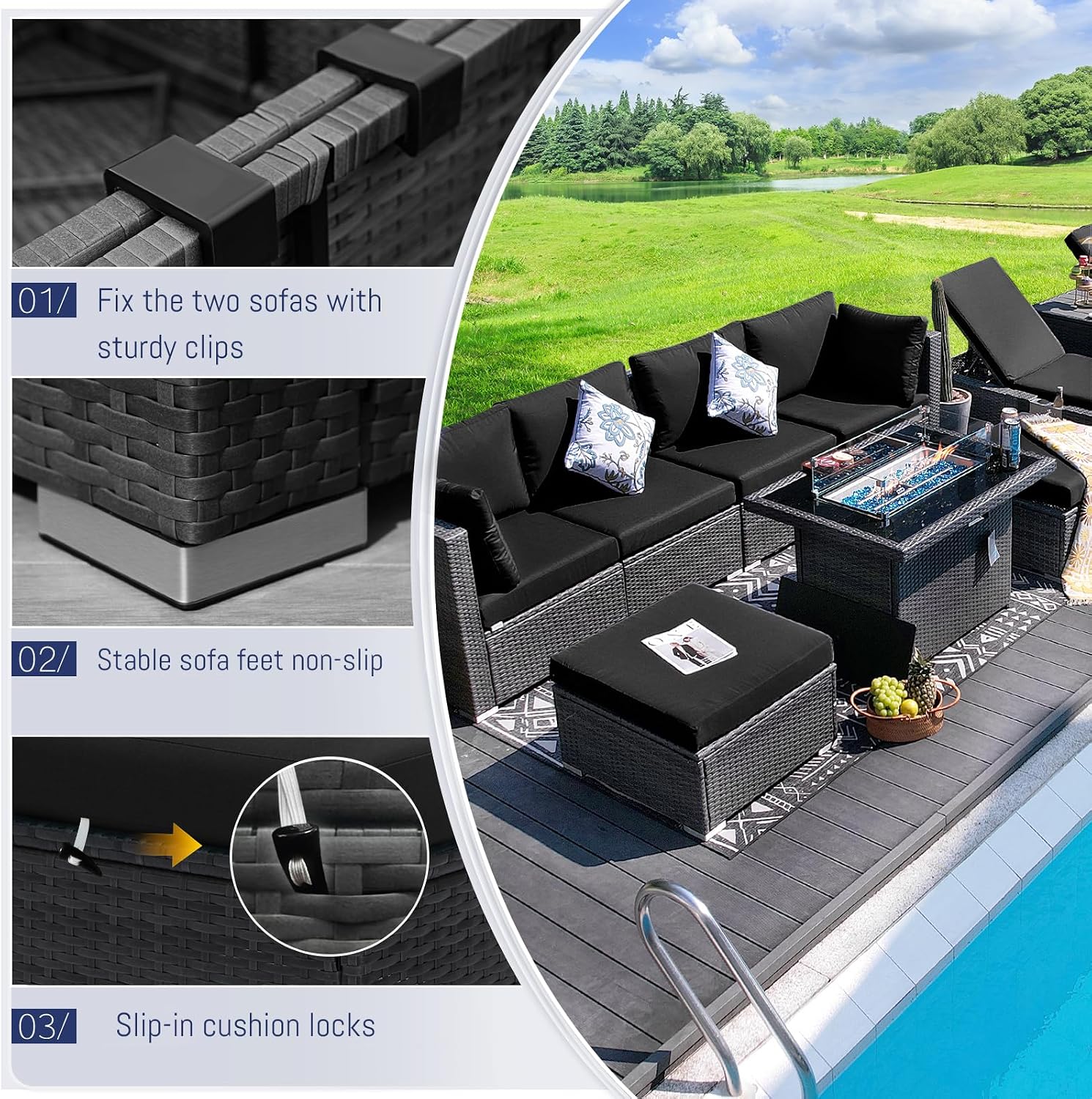 BULEXYARD 9 Piece High Back Outdoor Sectional Seating with Fire Pit Table, Heavy Duty Sturdy Wicker Patio Set Conversation Couch Sofa, Extra Wide Deep Large 8-Person Deck Furniture Set, Grey & Black