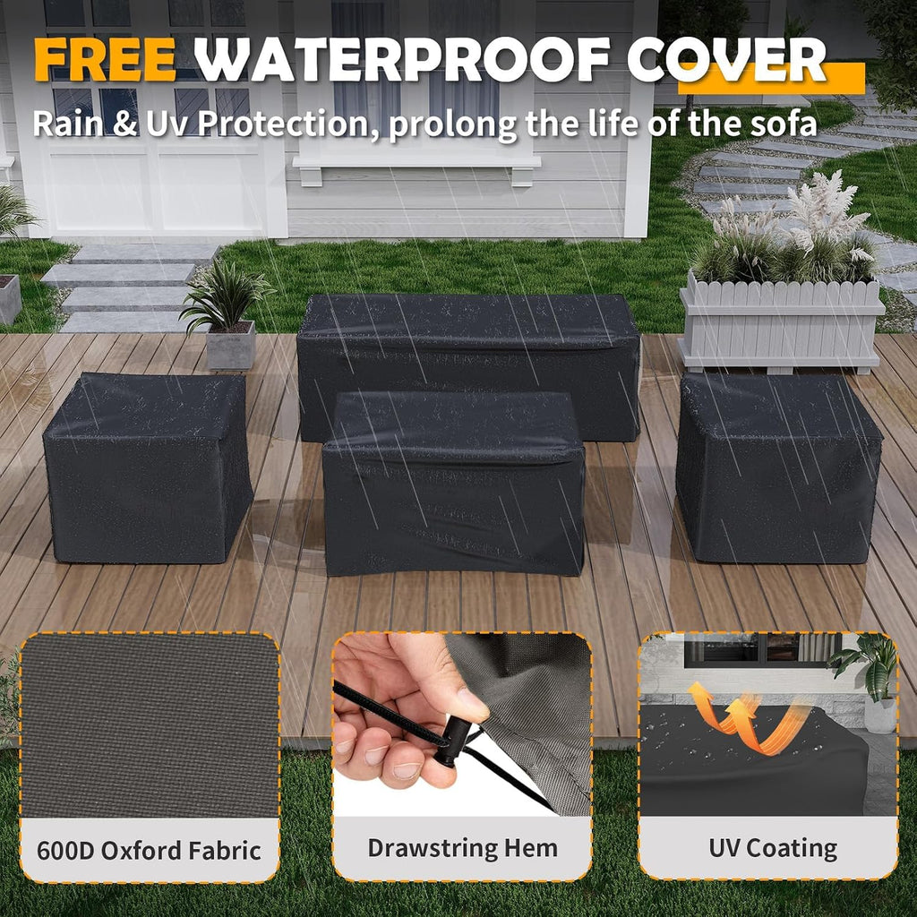 Amopatio Aluminum Patio Furniture Set with Fire Pit, 6 Pcs Metal Patio Sofa Sets with Metal Top Fire Pit Table, Modern Outdoor Furniture with 6' Cushion, Beige (Included Waterproof Covers)