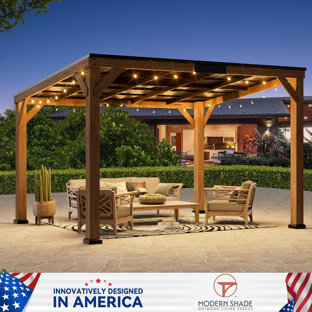Modern Shade Supreme Cedar Wood Gazebo 10' x 12' with Hardtop Slope Roof, Wooden Carport with Durable and Rot-Resistant, Hardtop Gazebo with Supports Snow Loads and High Wind Speeds for Backyard