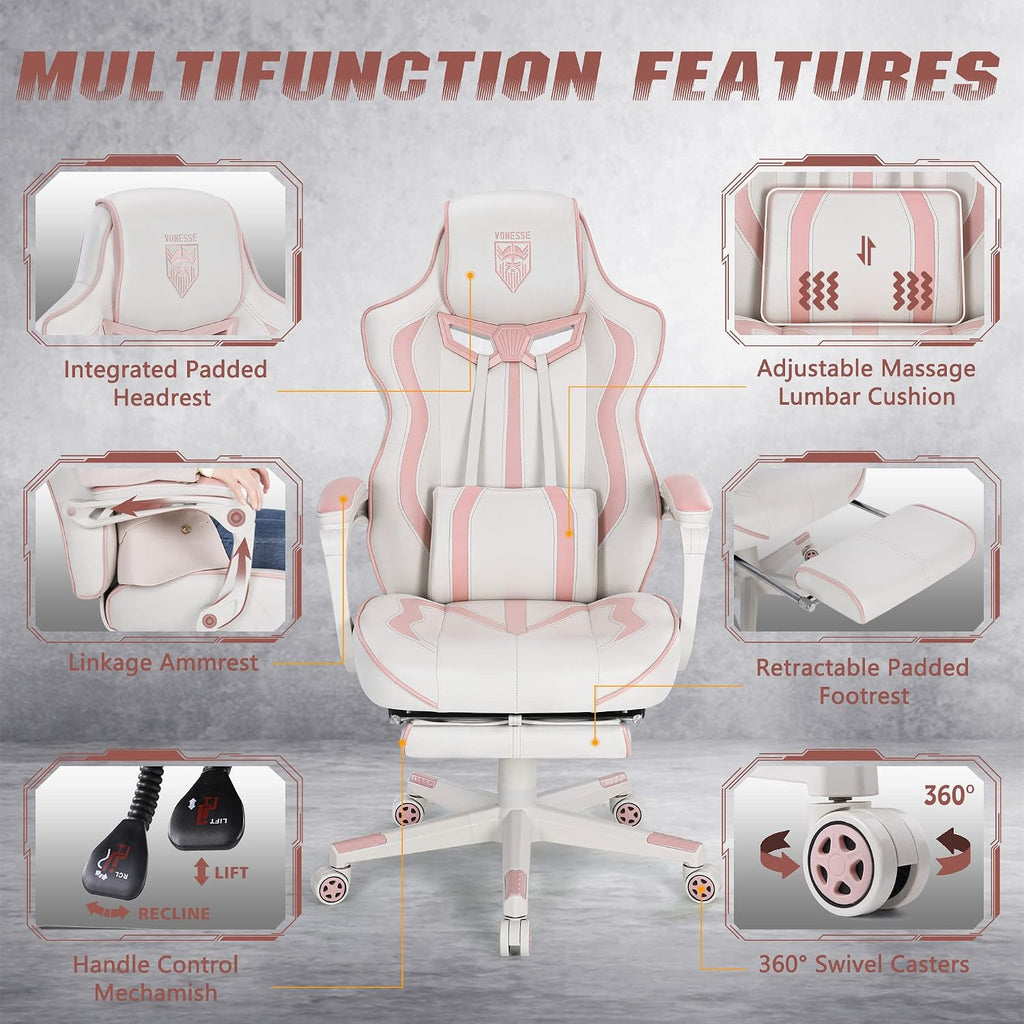 Vonesse Gaming Chair for Girls, Pink Computer Gaming Chairs for Adults, Reclining Gamer Chair with Footrest with Massage, Ergonomic Home Office Chair High Back (White/Pink)