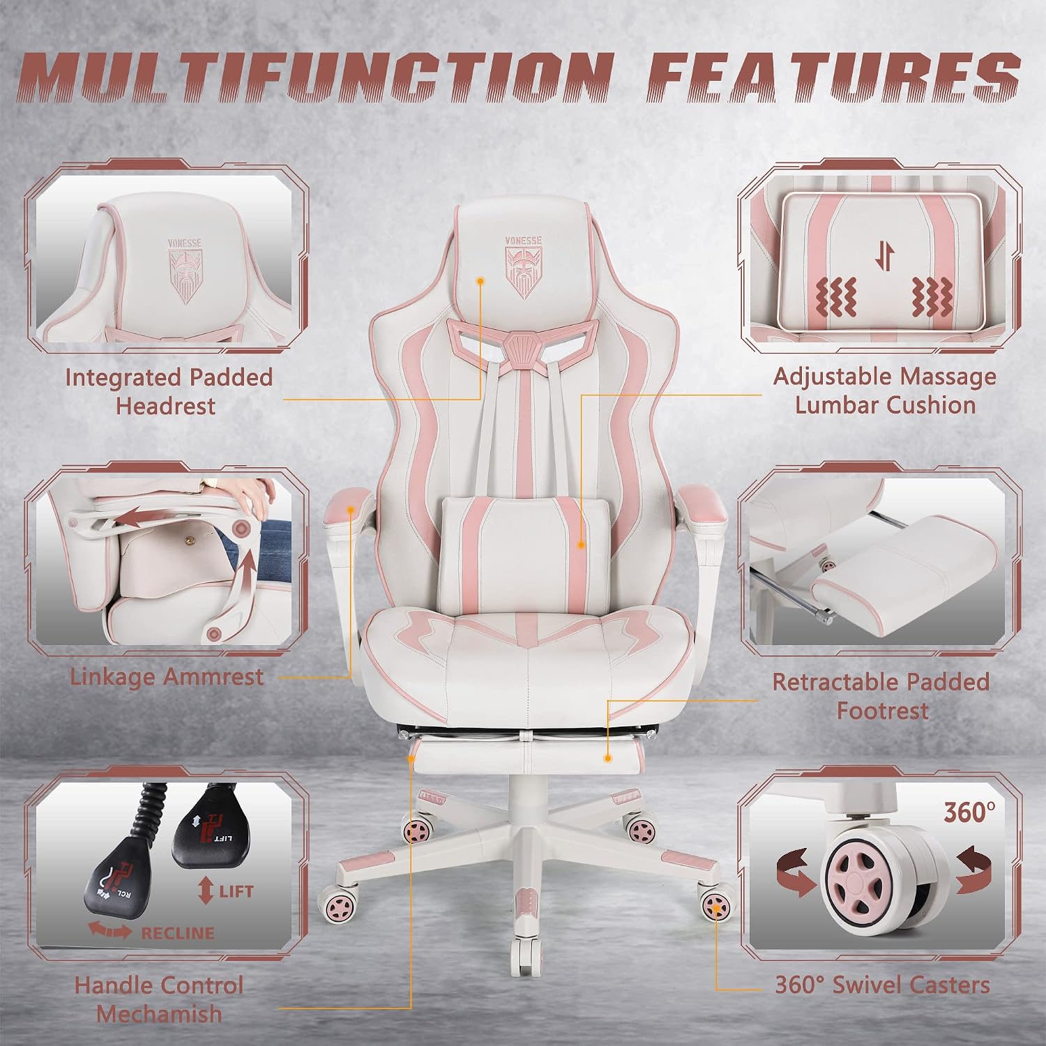 Vonesse Gaming Chair for Girls, Pink Computer Gaming Chairs for Adults, Reclining Gamer Chair with Footrest with Massage, Ergonomic Home Office Chair High Back (White/Pink)