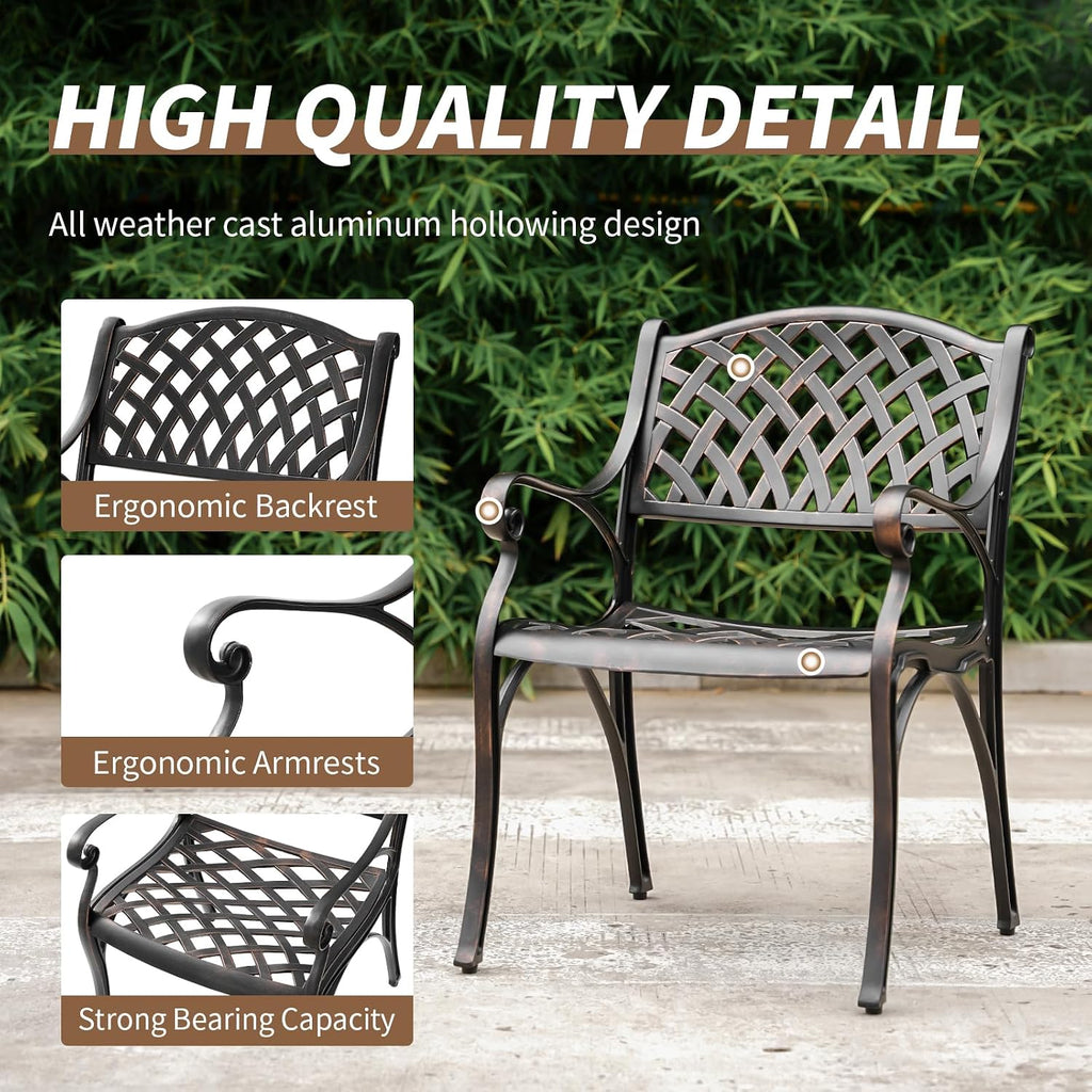 Cast Aluminum Patio Dining Set, Outdoor Bistro Set, 31.5' Round Outdoor Dining Table with Umbrella Hole, 2 Patio Chairs for Yard Porch Garden Balcony
