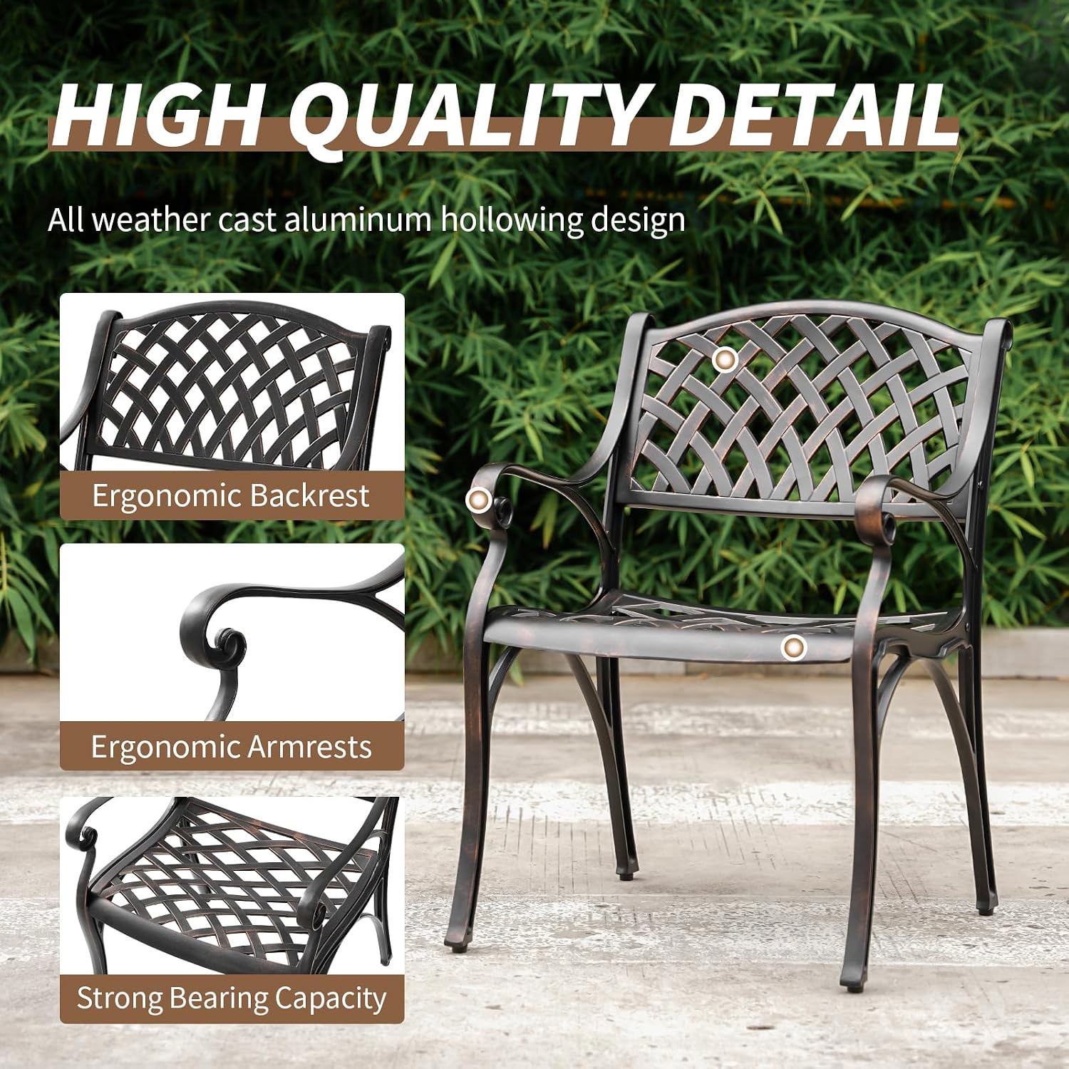 Cast Aluminum Patio Dining Set, Outdoor Bistro Set, 31.5' Round Outdoor Dining Table with Umbrella Hole, 2 Patio Chairs for Yard Porch Garden Balcony
