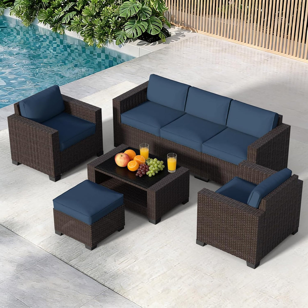 YLGJ&TIDY 7 PCS Outdoor Wicker Furniture Set Sectional Rattan Sofa Couch with Thick Cushions Glass Top Coffee Table Patio Conversation Set for Garden Backyard (Dark Brown Rattan & Dark Blue)
