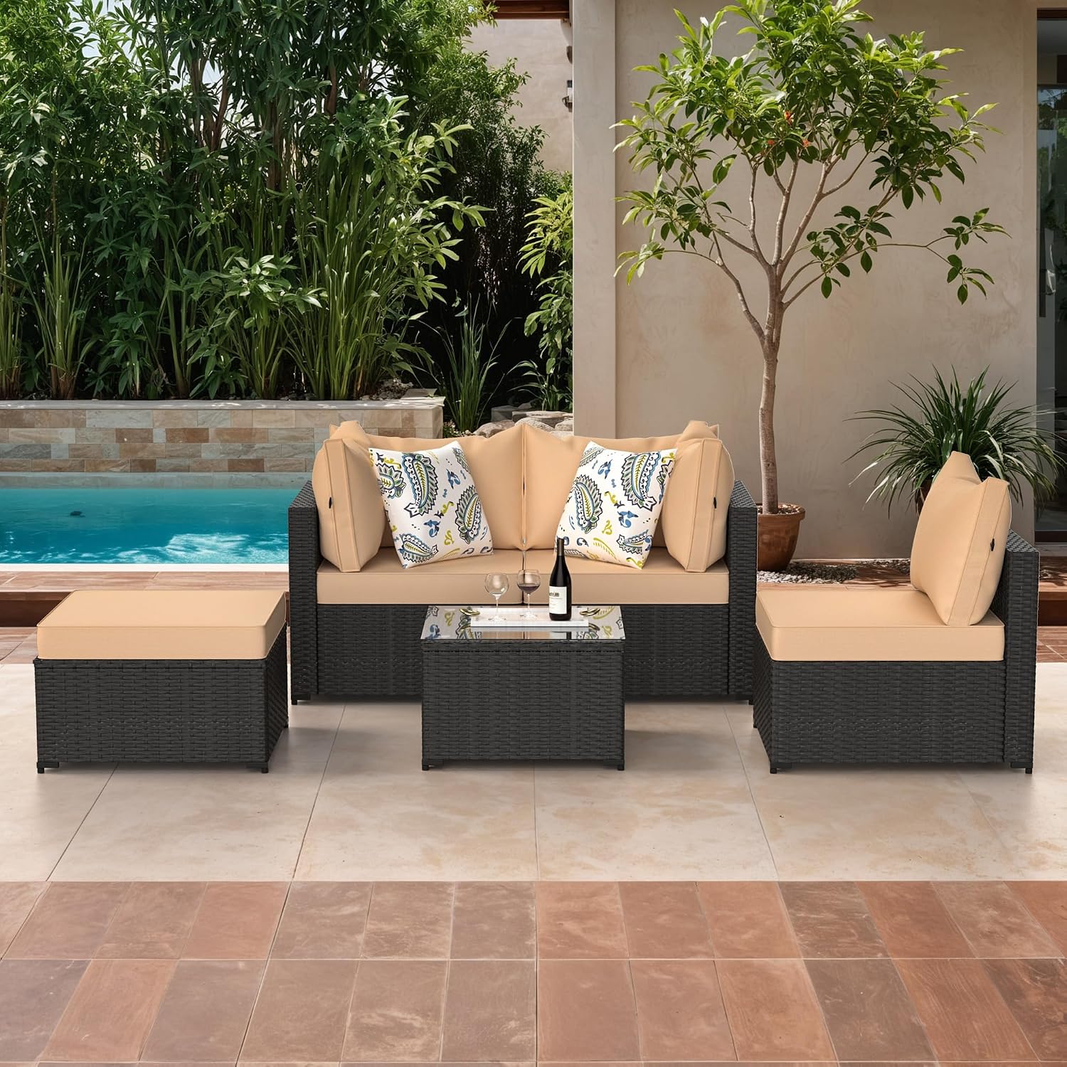 GOJOOASIS Patio Furniture Set Outdoor Sectional Sofa with Ottoman Wicker Couch Rattan Modular Seating Conversation Sets Porch Decor for Backyard, Balcony, Garden (Khaki)