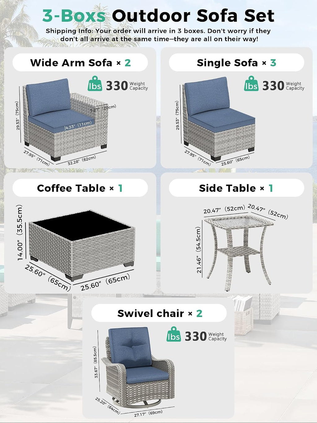 9 Piece Outdoor Patio Furniture Set with Swivel Chairs, 7-Seats Wicker Sectional Sofa Set with Thickened Cushions & Coffee Table for Garden, Backyard, Porch, Blue