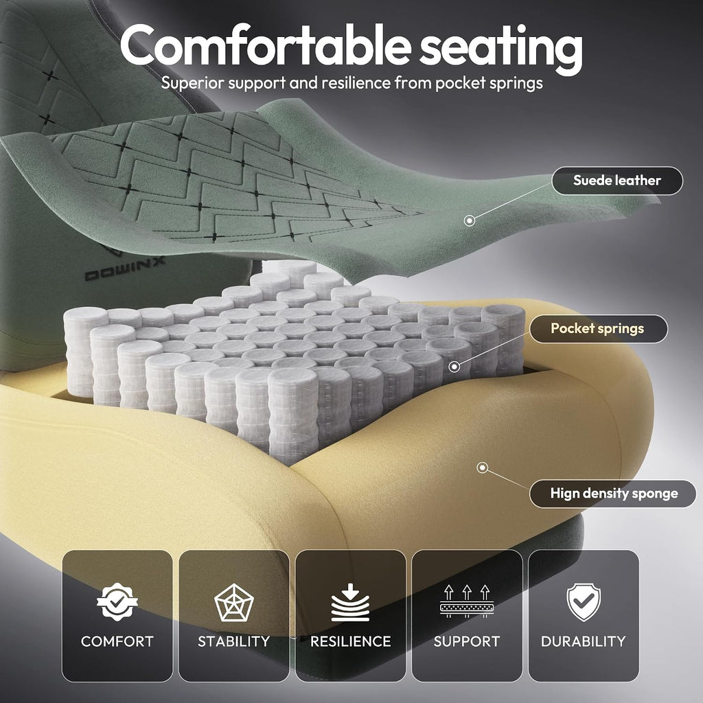 Dowinx Gaming Chair with Heated Massage Lumbar Support,Big and Tall Fabric Gaming Chairs for Adults with Footrest, Ergonomic Computer Game Chair with Poket Spring Cushions, 350lbs, Green