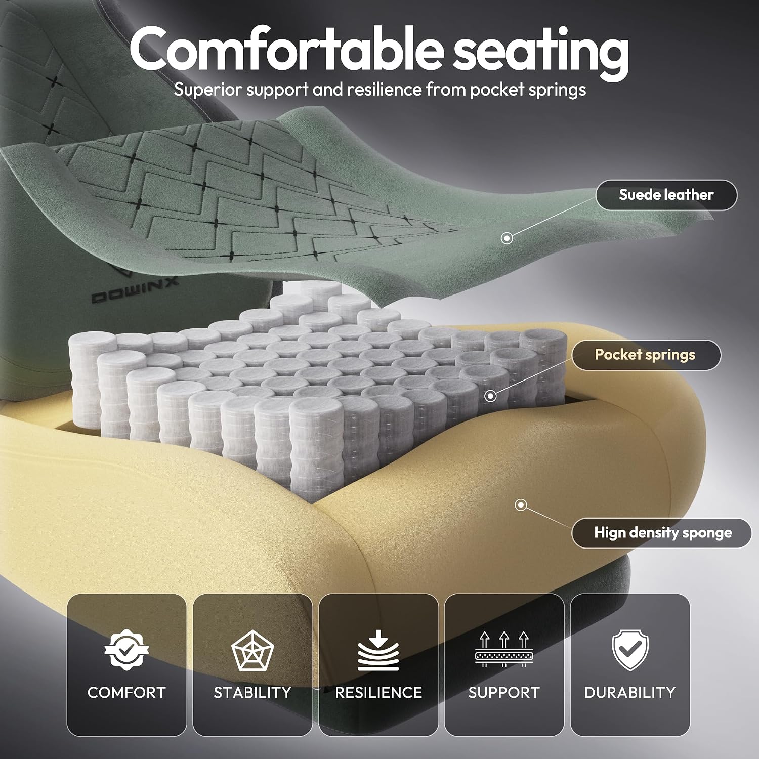Dowinx Gaming Chair with Heated Massage Lumbar Support,Big and Tall Fabric Gaming Chairs for Adults with Footrest, Ergonomic Computer Game Chair with Poket Spring Cushions, 350lbs, Green