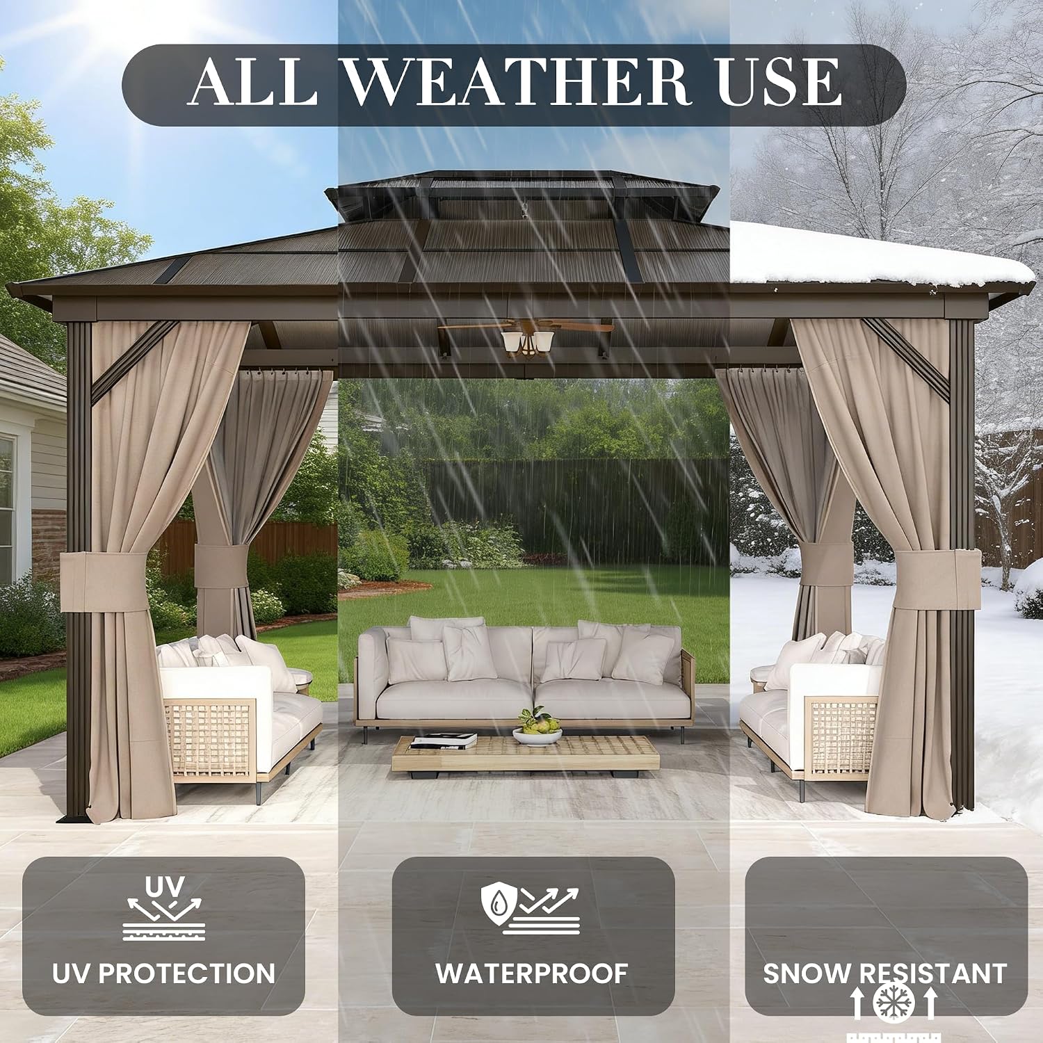 YOLENY 10'x13' Hardtop Gazebo, Outdoor Polycarbonate Double Roof Canopy, Aluminum Frame Permanent Pavilion with Curtains and Netting, Sunshade for Garden, Patio, Lawns