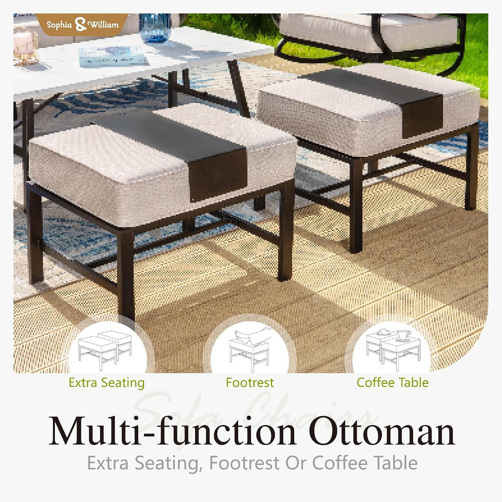Sophia & William Patio Furniture Sets for 9 with 45' Gas Fire Pit Table Outdoor Conversation Sets 8 Pcs, 2xSofa Chairs, 2xSwivel Cushion Chairs, 1x3-Seat Sofa, 2xOttomans for Porch Poolside Beige