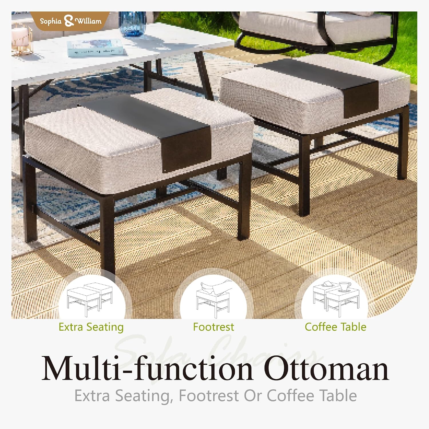Sophia & William Patio Furniture Sets for 9 with 45' Gas Fire Pit Table Outdoor Conversation Sets 8 Pcs, 2xSofa Chairs, 2xSwivel Cushion Chairs, 1x3-Seat Sofa, 2xOttomans for Porch Poolside Beige