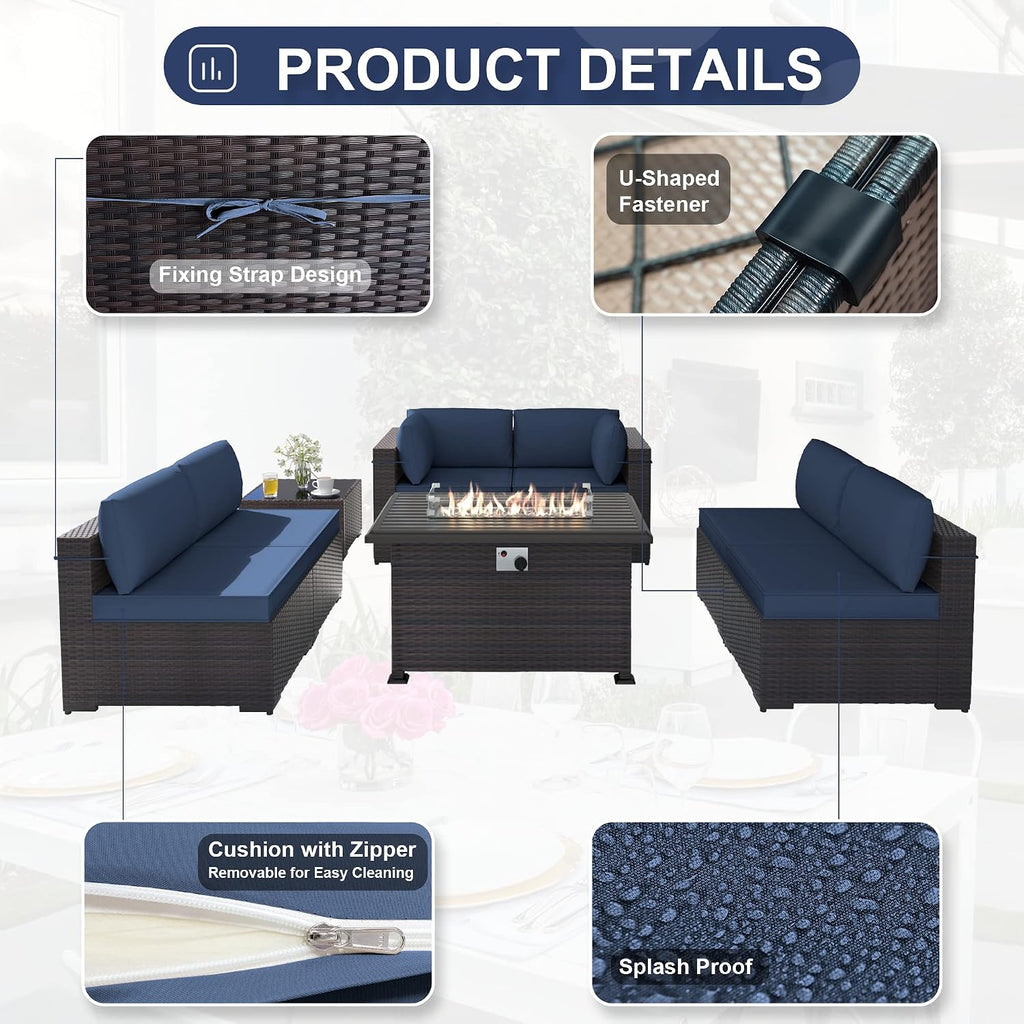 Kurapika 8 Pieces Patio Furniture Set, Rattan Wicker Outdoor Conversation Sets w/43in Propane Fire Pit Table and 4 Inch Cushion(Navy Blue)
