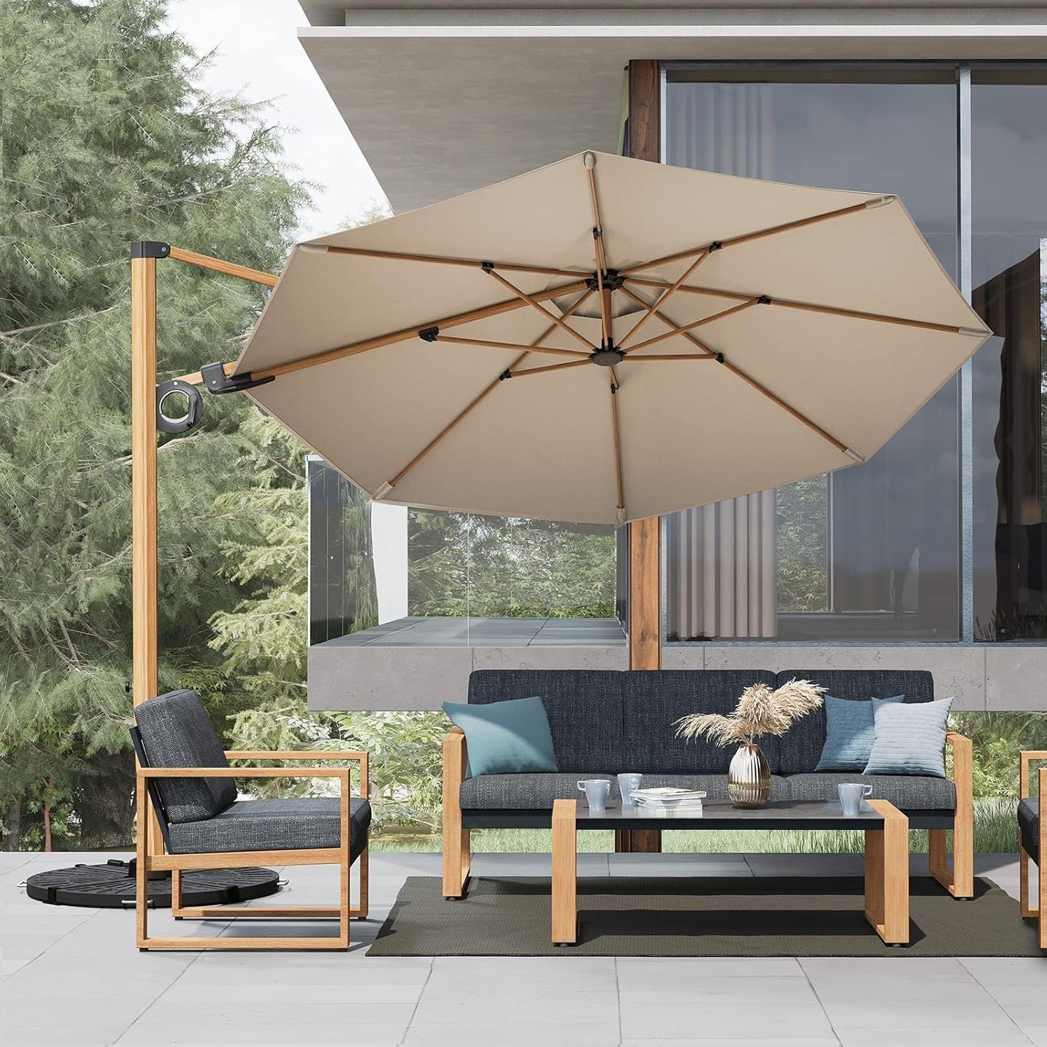 Grand patio Outdoor 4-Piece Modern Aluminum Patio Furniture Sets 5 Person Conversation Set, Faux Wood Grain Finish Frame Sofa with Removable Olefin Thick Cushions and Coffee Table (Grey+Umbrella)