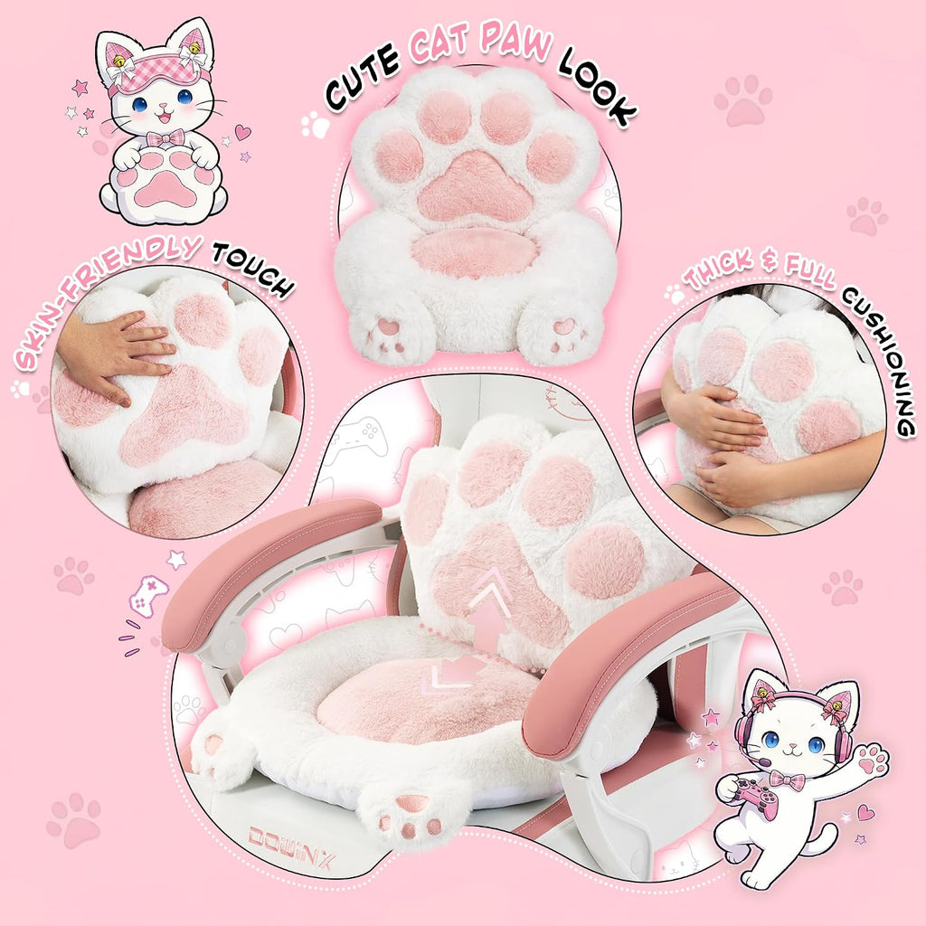 Dowinx Gaming Chair with Cat Ears and Paw Lumbar Pillow, Ergonomic Reclining Chair, Memory Foam and Spring Cushion, Footrest, 300lbs Capacity, Cute and Comfortable Design for Women & Girls