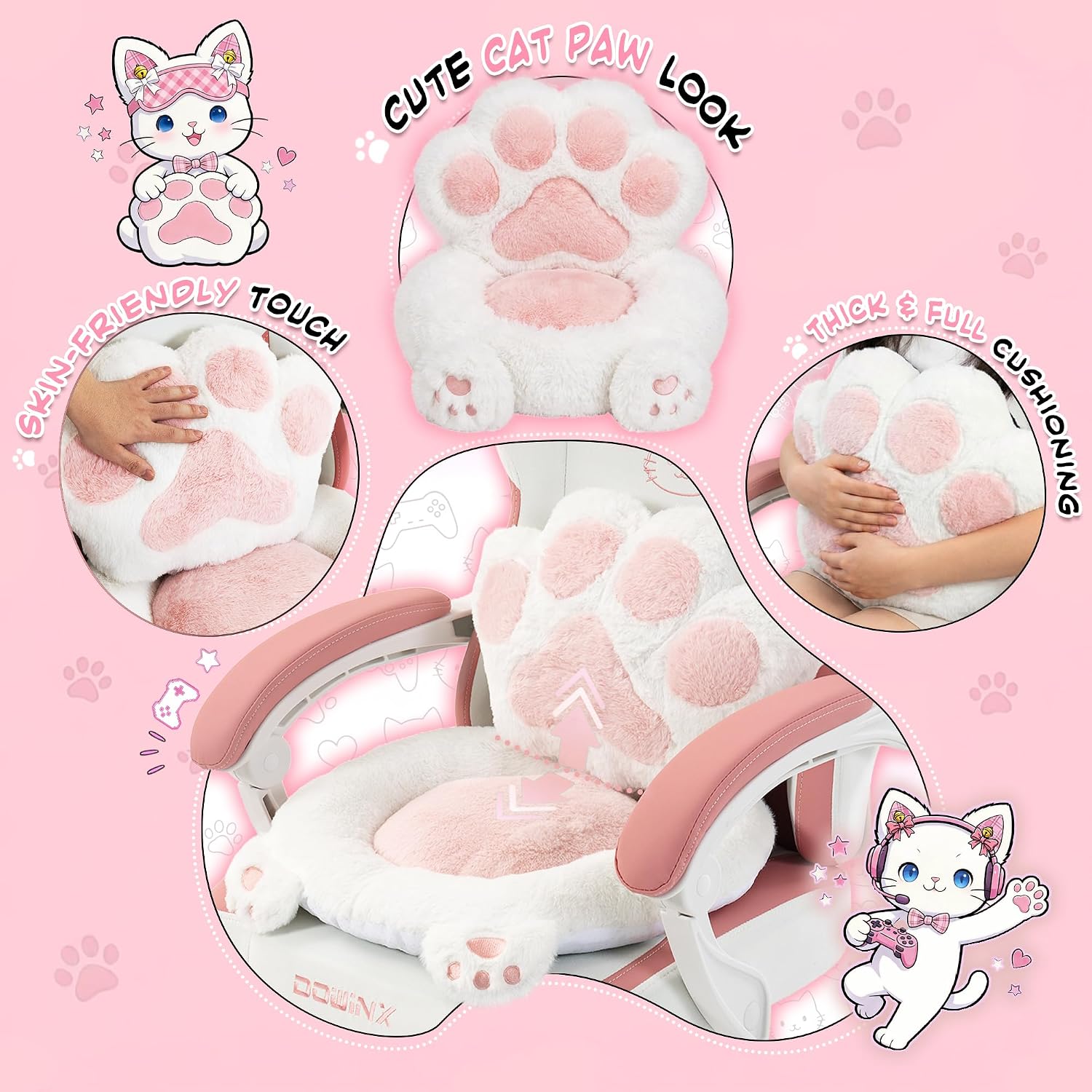 Dowinx Gaming Chair with Cat Ears and Paw Lumbar Pillow, Ergonomic Reclining Chair, Memory Foam and Spring Cushion, Footrest, 300lbs Capacity, Cute and Comfortable Design for Women & Girls