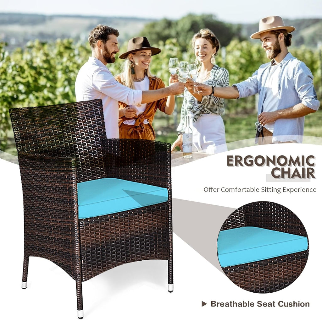 DORTALA Wicker Patio Furniture Set 3 Piece, Small Outdoor Table & Chairs Set with Cushions, All-Weather Rattan Conversation Bistro Set for Balcony, Porch, Backyard, Deck, Turquoise
