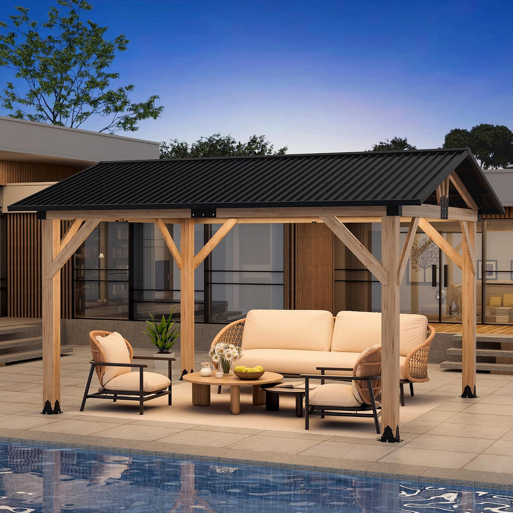 LVUYOYO 11' x 13' Wood Gazebo, Outdoor Hardtop Gazebo, Galvanized Steel Gable Roof Pergola, Outdoor Pavilion for Patio, Backyard, Garden, Deck