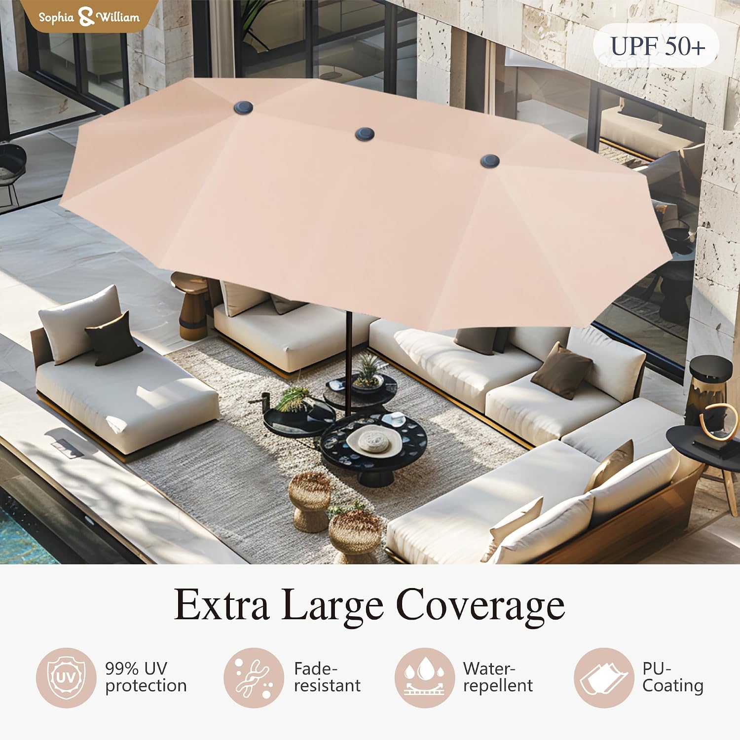 Sophia & William Patio Set with Umbrella Patio Dining Set for 6 with 13ft Rectangle Patio Umbrella Beige, 6 x Patio Chairs Blue, 1 Wood Like Outdoor Dining Table with Umbrella Hole for Lawn Garden