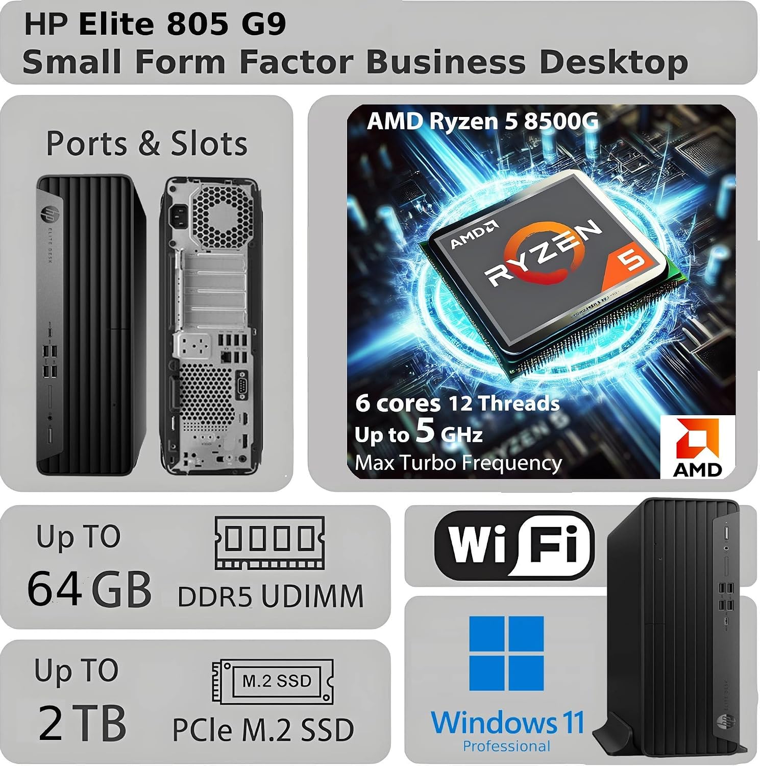 HP Elite 805 G9 SFF Desktop Computer, 6-Core AMD Ryzen 5 (16MB Smart Cache), 8GB DDR5, 256GB PCIeSSD, Radeon 740M Graphics, Dual 4K Display Support, USB-C, HDMI, RJ-45, Wi-Fi, Business&Gaming, Win11