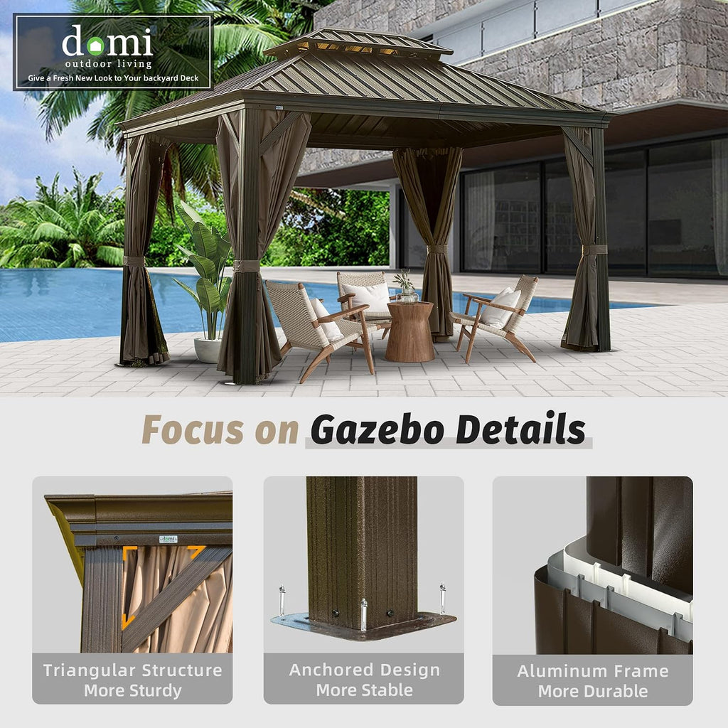 Domi Hardtop Gazebo 10x12FT, Outdoor Gazebo with Galvanized Steel Double Roof, Aluminum Frame, Built-in Gutter System, Curtain and Netting, Metal Gazebo Pavilion for Patio Deck Garden, Brown