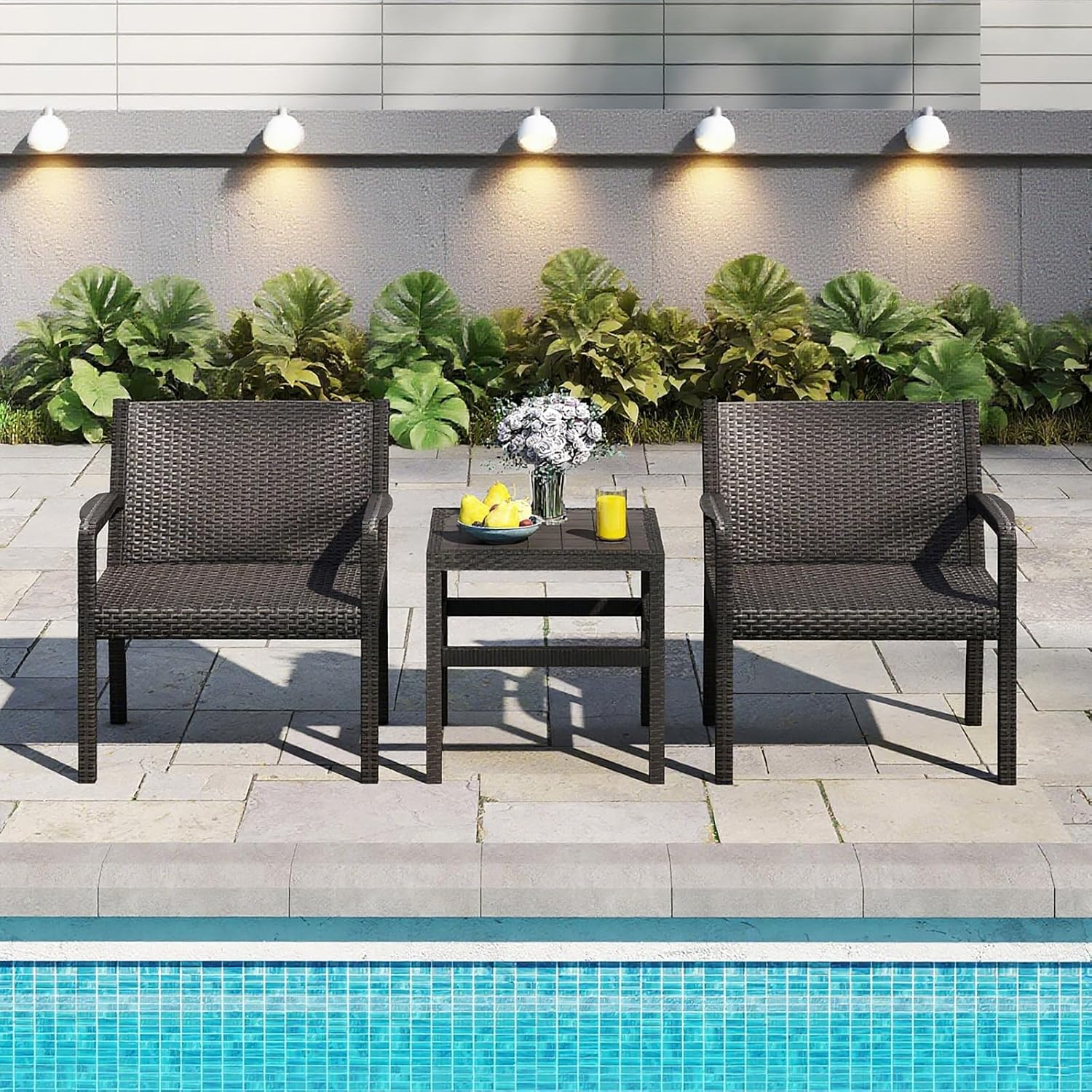 COSTWAY 3 Piece Patio Furniture Set, Outdoor PP Rattan Wicker Furniture Set with 2 Modern Rattan Armchair and 25' Squire Side Table for Patio, Garden, Poolside, Bistro, Black