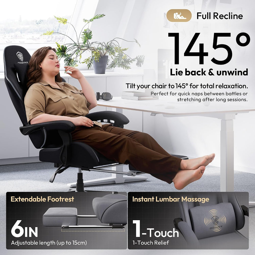 Dowinx Big and Tall Gaming Chair Fabric with Footrest Pocket Spring Cushion for Home Office, High Back Recliner Height Adjustable Ergonomic Comfy Cloth Computer Desk Chair, Grey