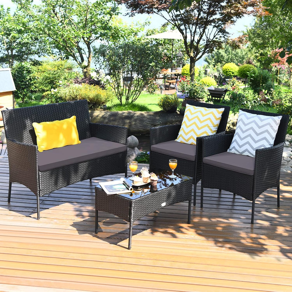 Tangkula 4 Pieces Patio Furniture Set, Outdoor Wicker Conversation Set with Tempered Glass Tabletop, Rattan Sofa and Chairs Set with Off White & Grey Cushion Covers