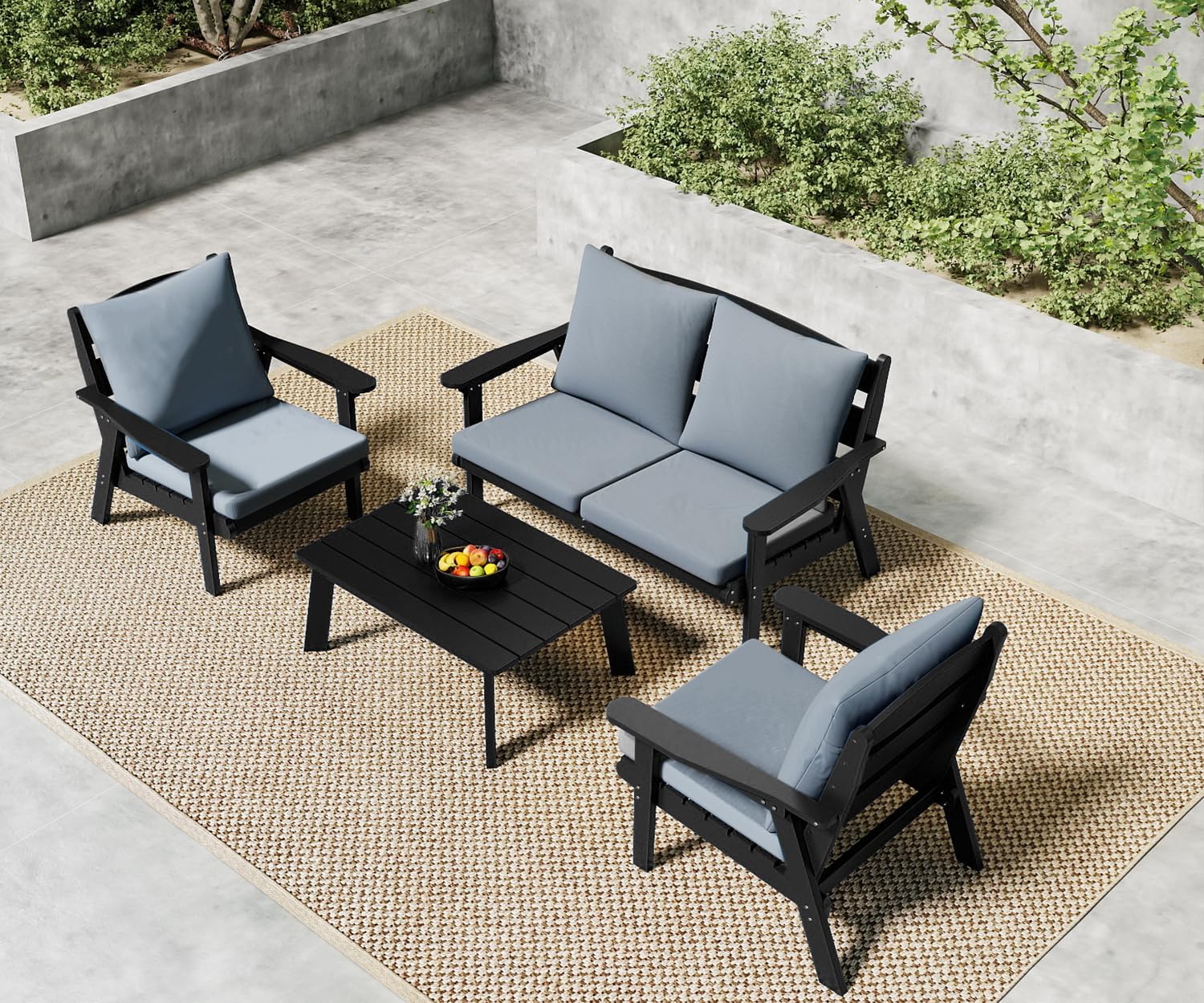 FOOWIN 4-Piece Patio Furniture Set, HDPE All-Weather Outdoor Conversation Set with Thick Cushions, Sectional Patio Sofa Furniture for Deck, Porch, Lawn, Garden, Black Frame & Grey Cushion
