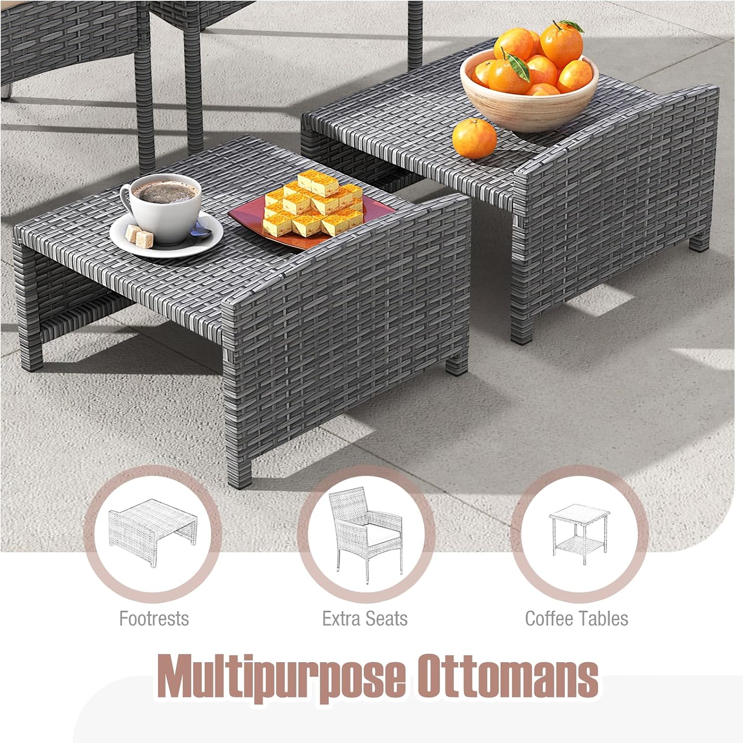 Tangkula 5 Pieces Patio Conversation Set, Outdoor PE Rattan Chairs with Soft Cushions, Ottomans & Tempered Glass Top Table, Acacia Wood Armrests, Patio Furniture Set (Mix Grey+Beige)