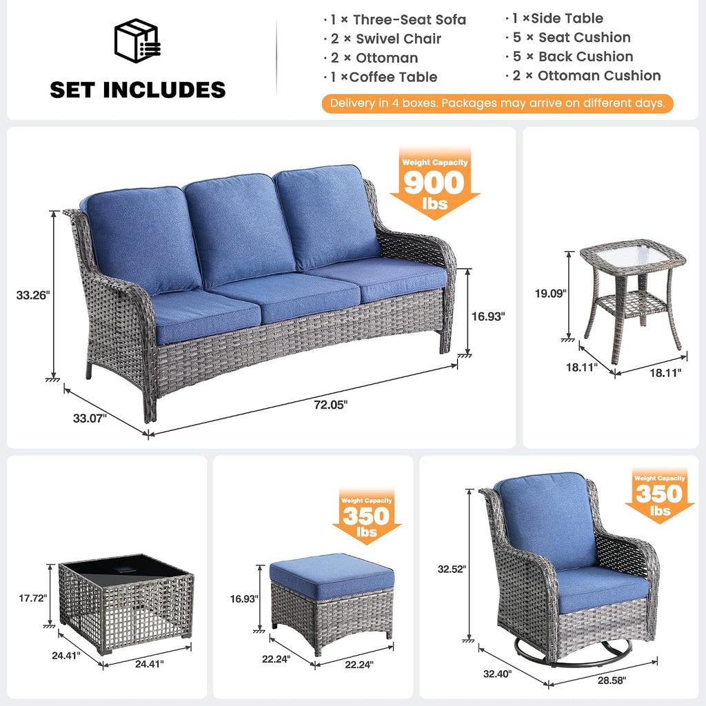 ovios 7-Piece Patio Furniture Set with Swivel Chairs Side Table, Outdoor Wicker Sofa with Comfy Cushions, High Back Couch Modern Conversation Sets, Grey/Denim Blue